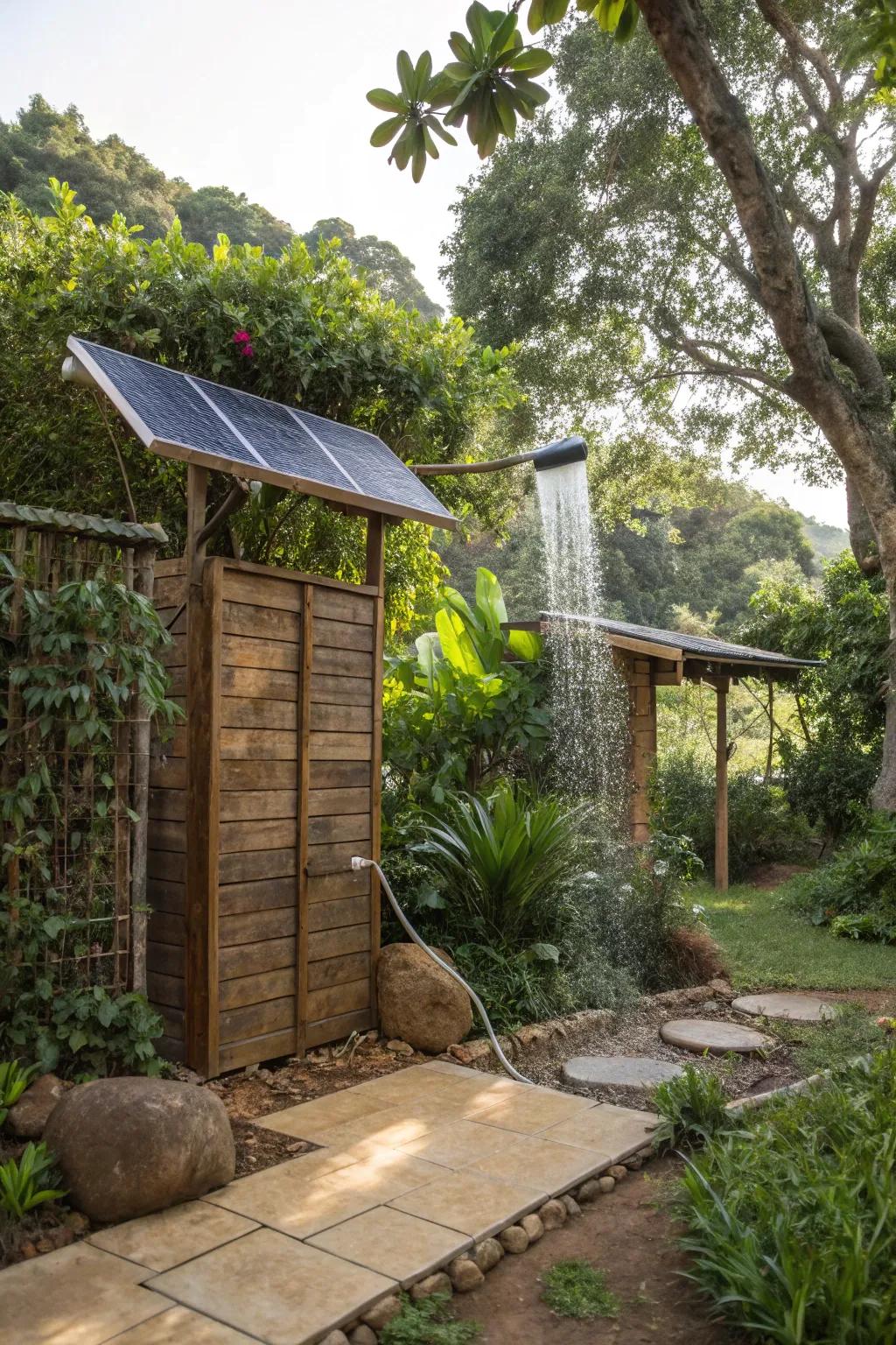 Eco-friendly focus with solar power and recycled elements for a sustainable shower solution.