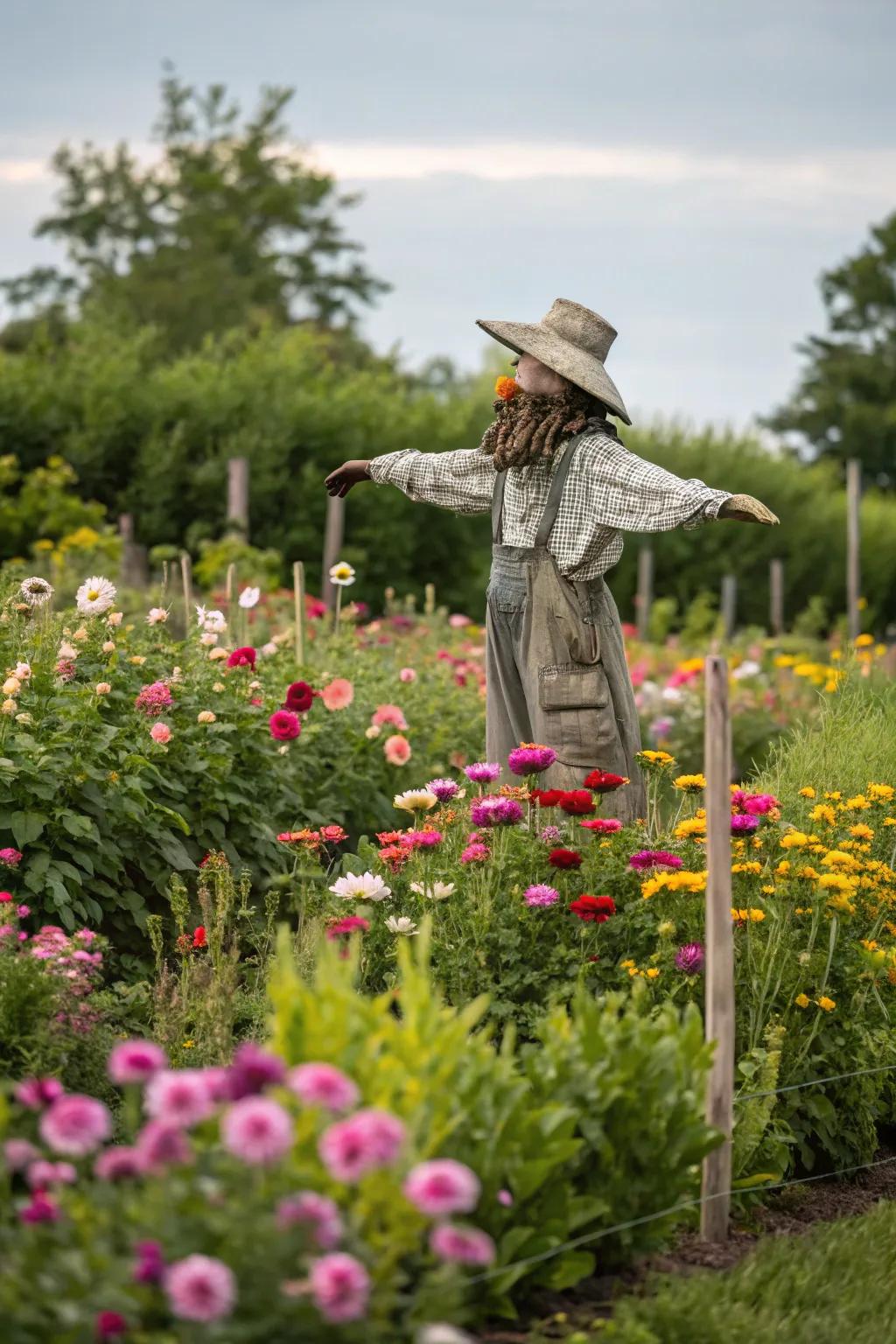 A whimsical scarecrow keeping watch over the garden.