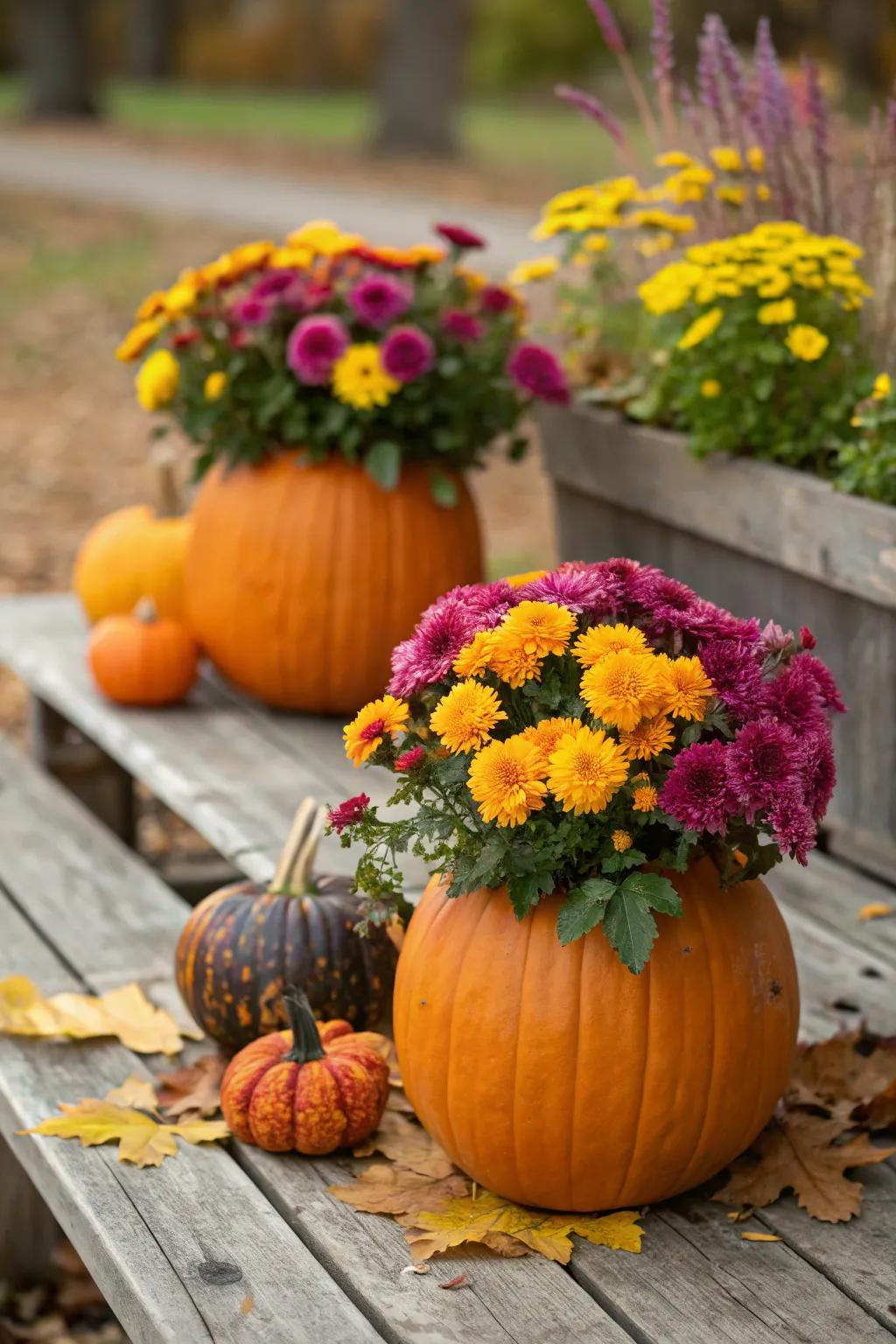 Pumpkins turned into charming planters, showcasing a creative and eco-friendly decor idea.