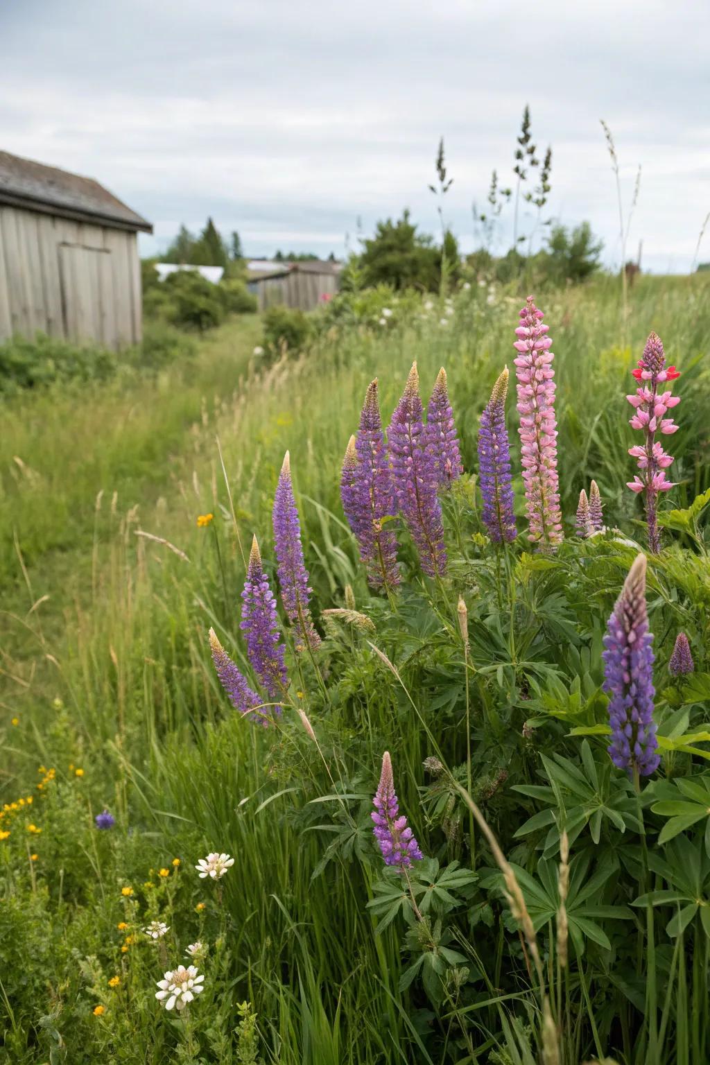 A rustic wildflower garden with colorful lupines.