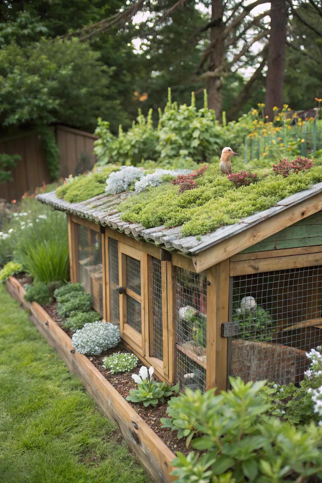 A quail coop featuring an eco-friendly living roof.