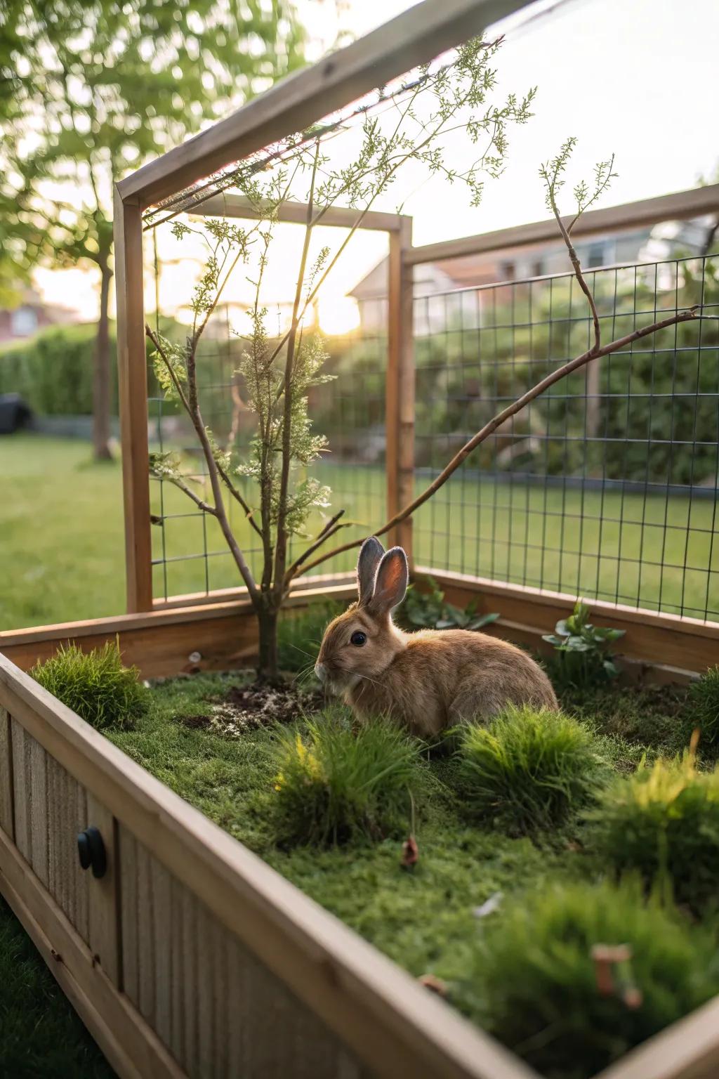 A naturalistic rabbit cage with elements from the great outdoors.