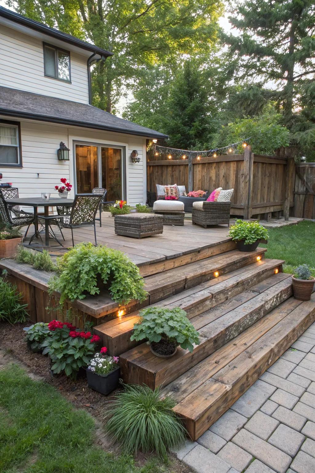 Enjoy your outdoor space with a rustic railroad tie deck.