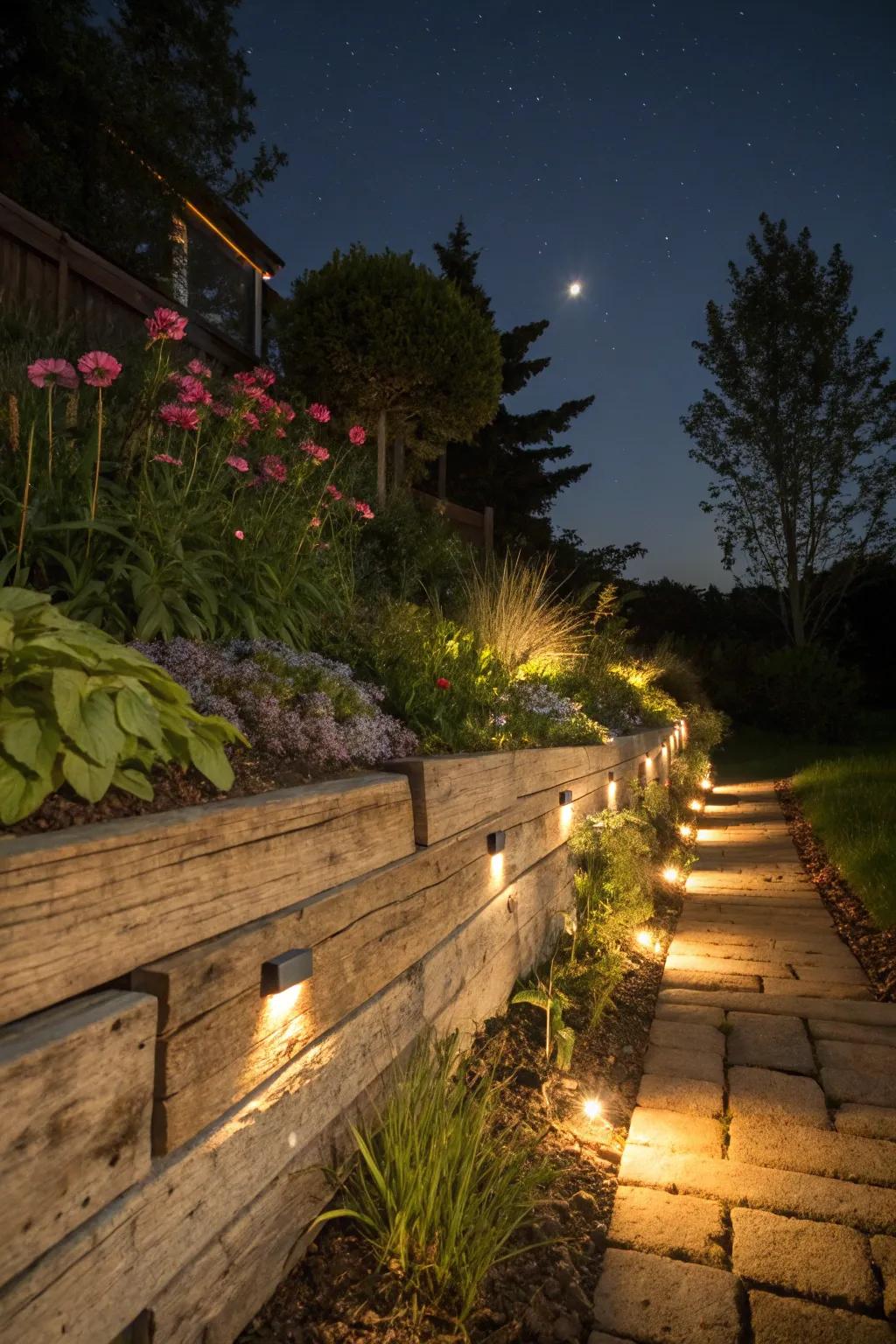An enchanting railroad tie retaining wall with integrated LED lights for a warm evening glow.