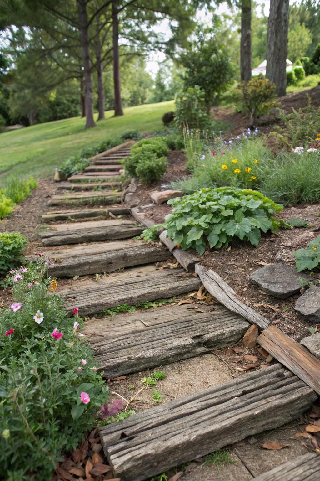 Layered railroad ties offer depth to garden paths.