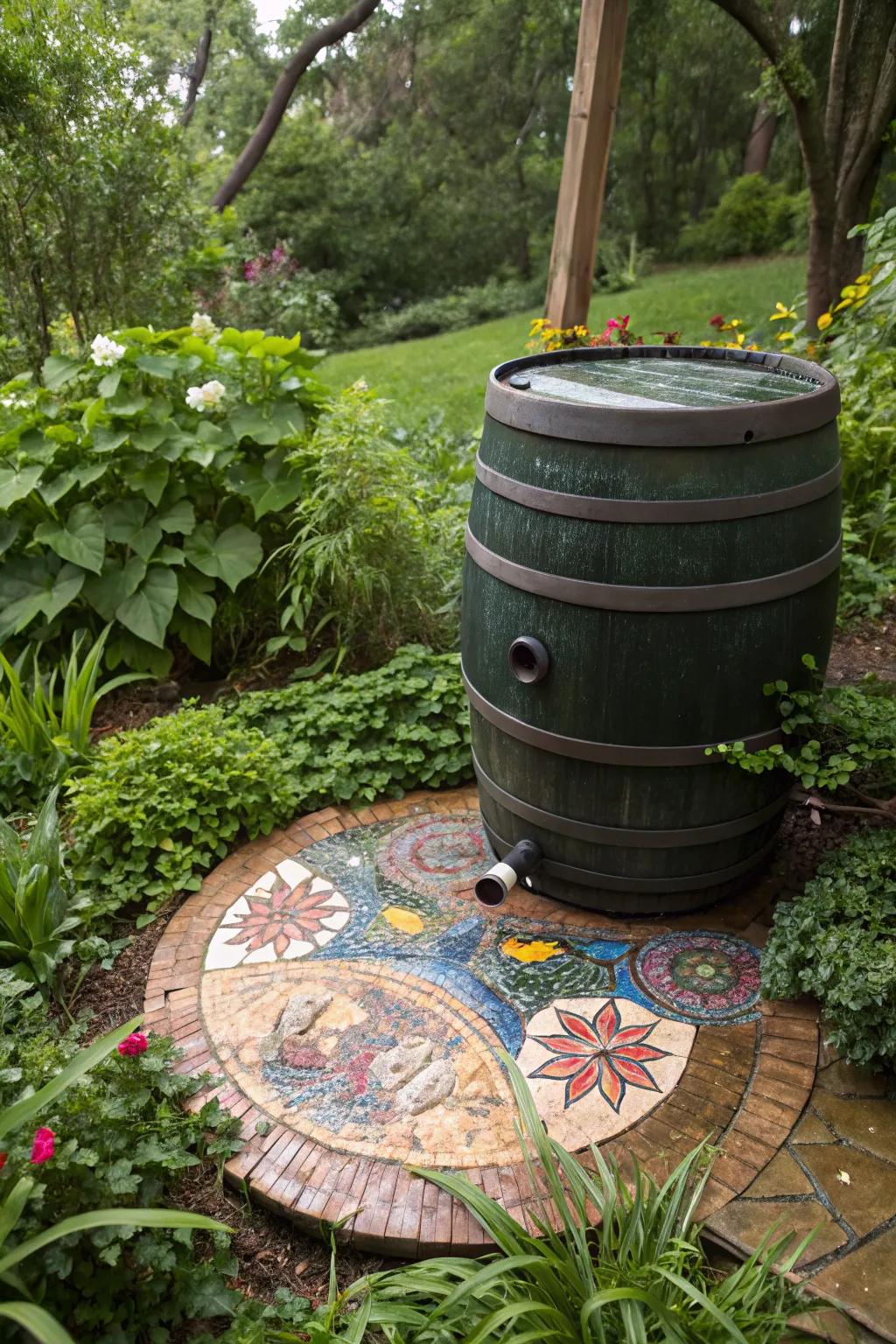 A mosaic base turning a rain barrel into a garden masterpiece