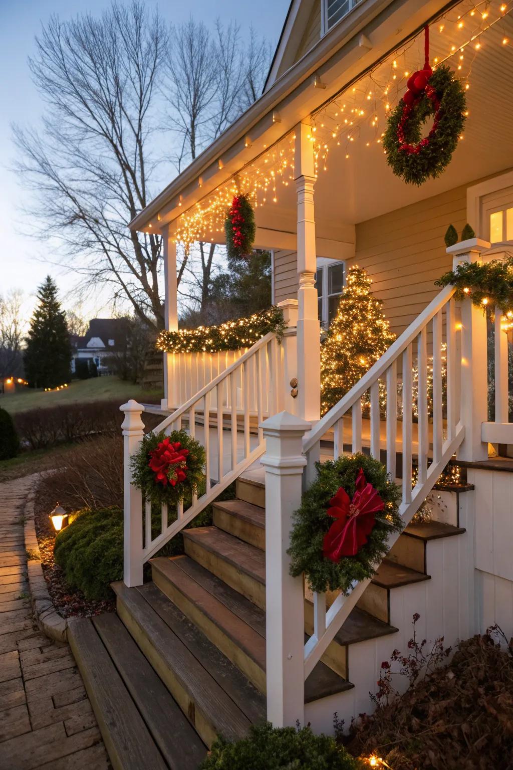 A raised porch decorated with seasonal wreaths and themed decor.