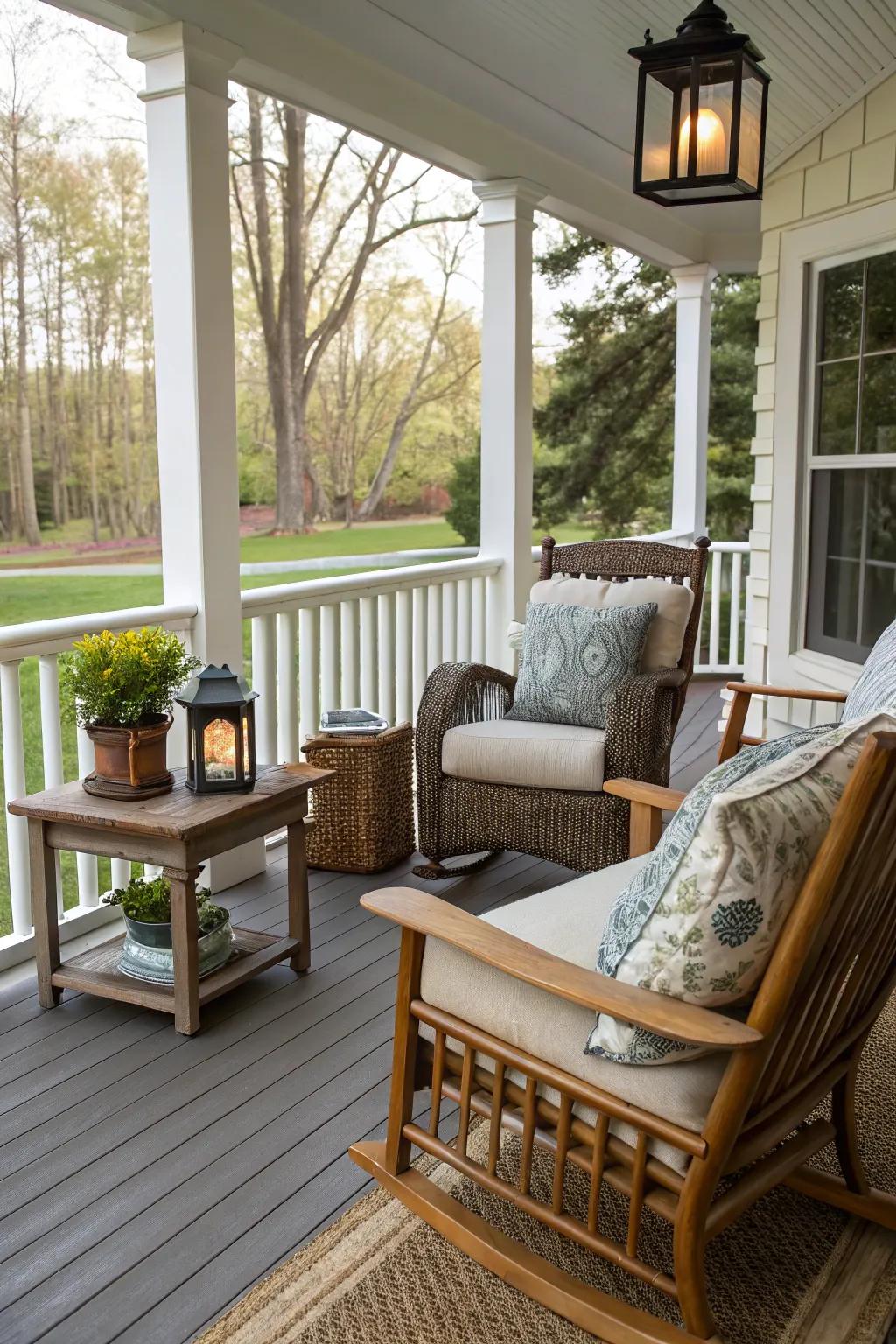 Inviting seating area on a raised front porch.