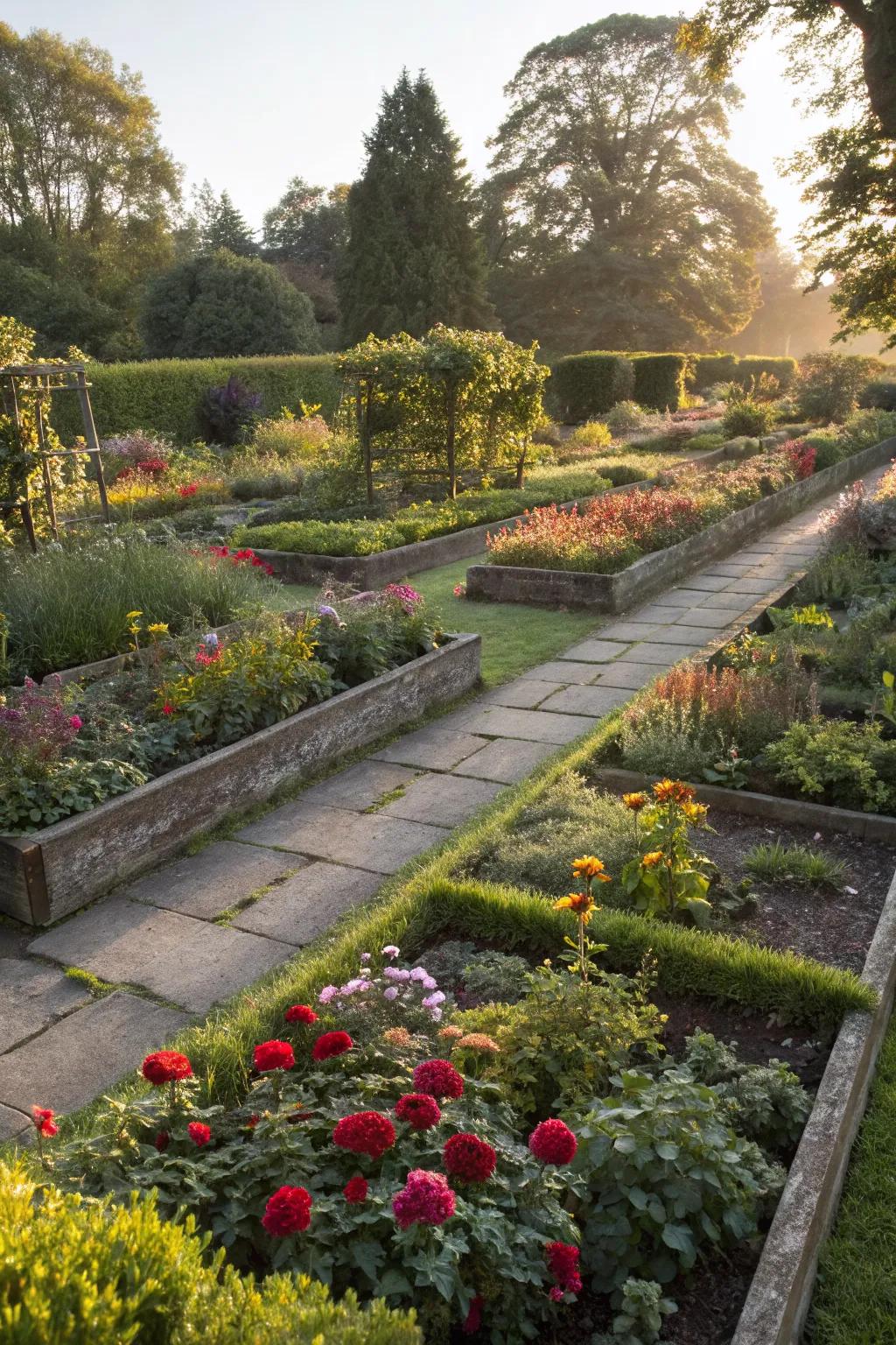 Symmetrical layouts bring a sense of order and beauty to gardens.