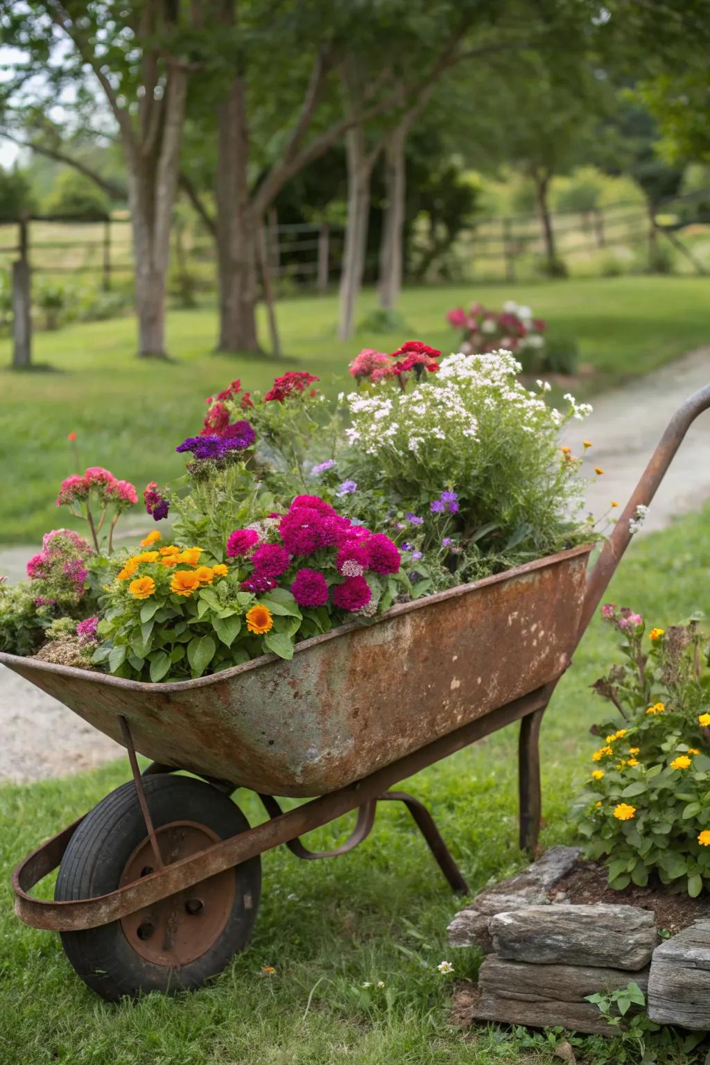 A wheelbarrow planter adds whimsy and mobility to your garden.