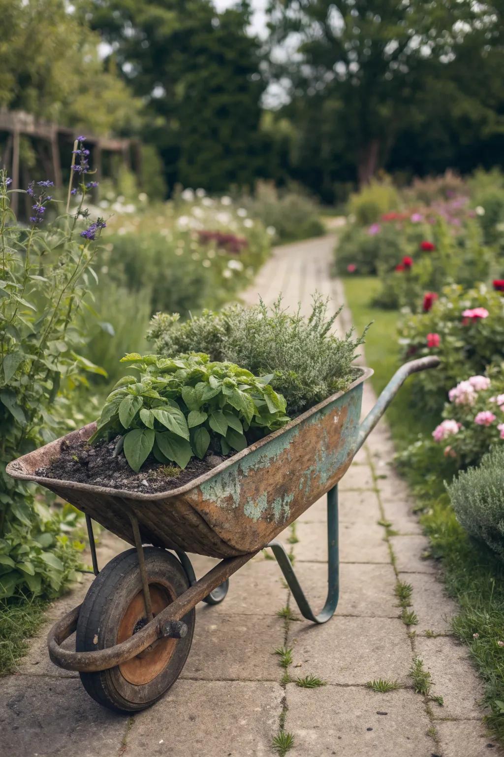 A charming wheelbarrow herb garden in a sunny spot.