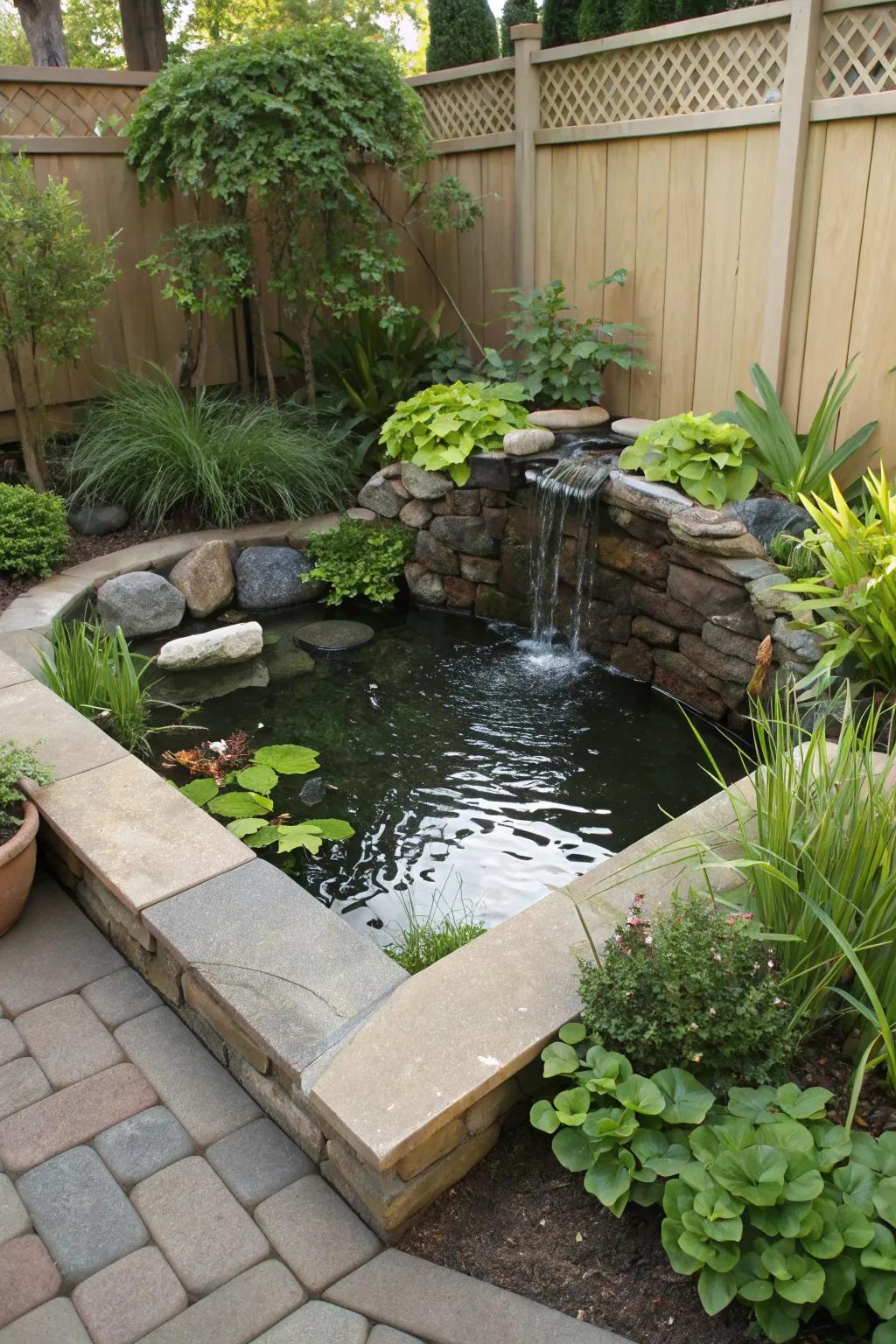A corner waterfall optimizes space while adding serenity.