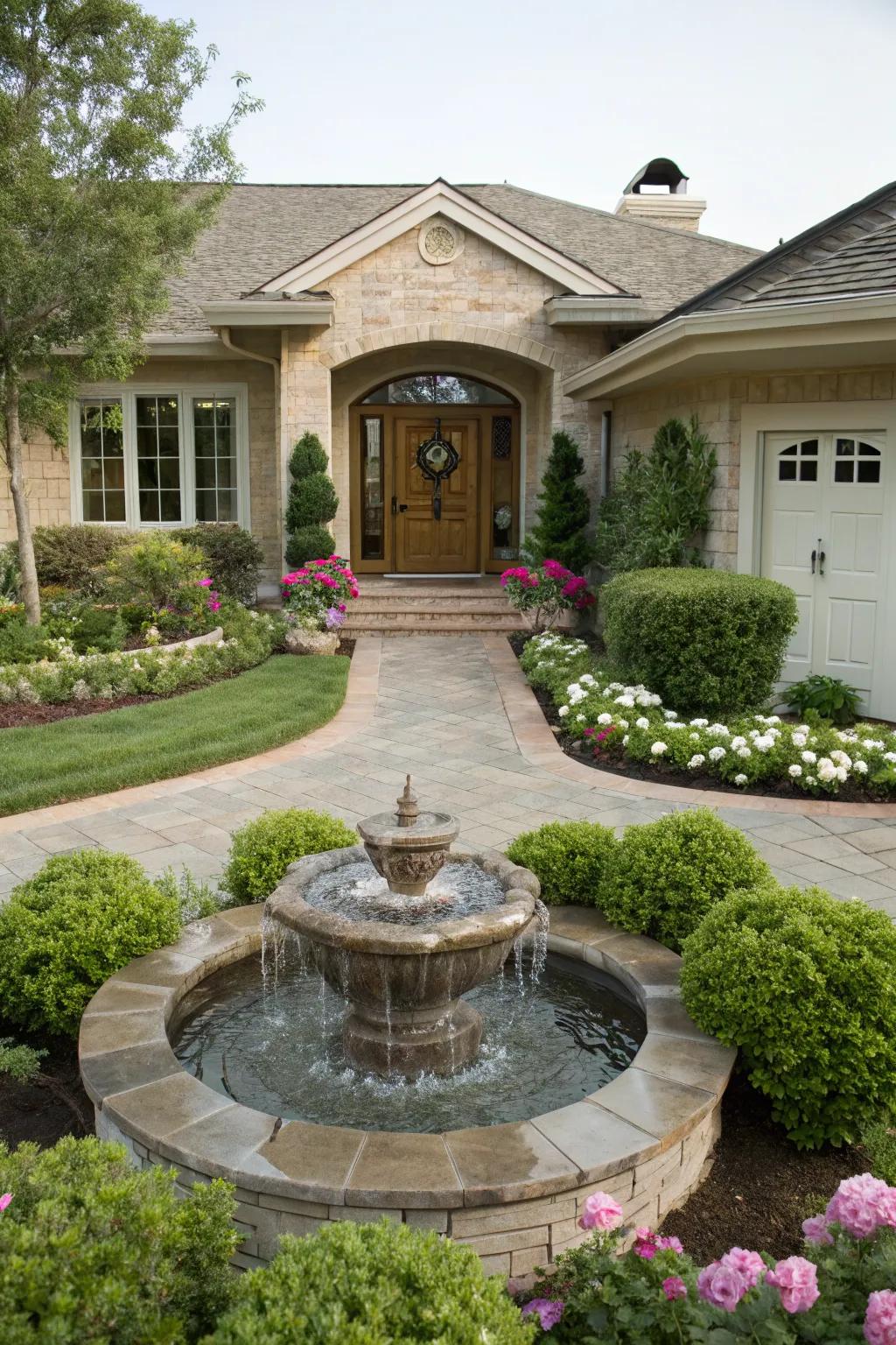 A serene raised ranch entrance with a small, elegant water feature.