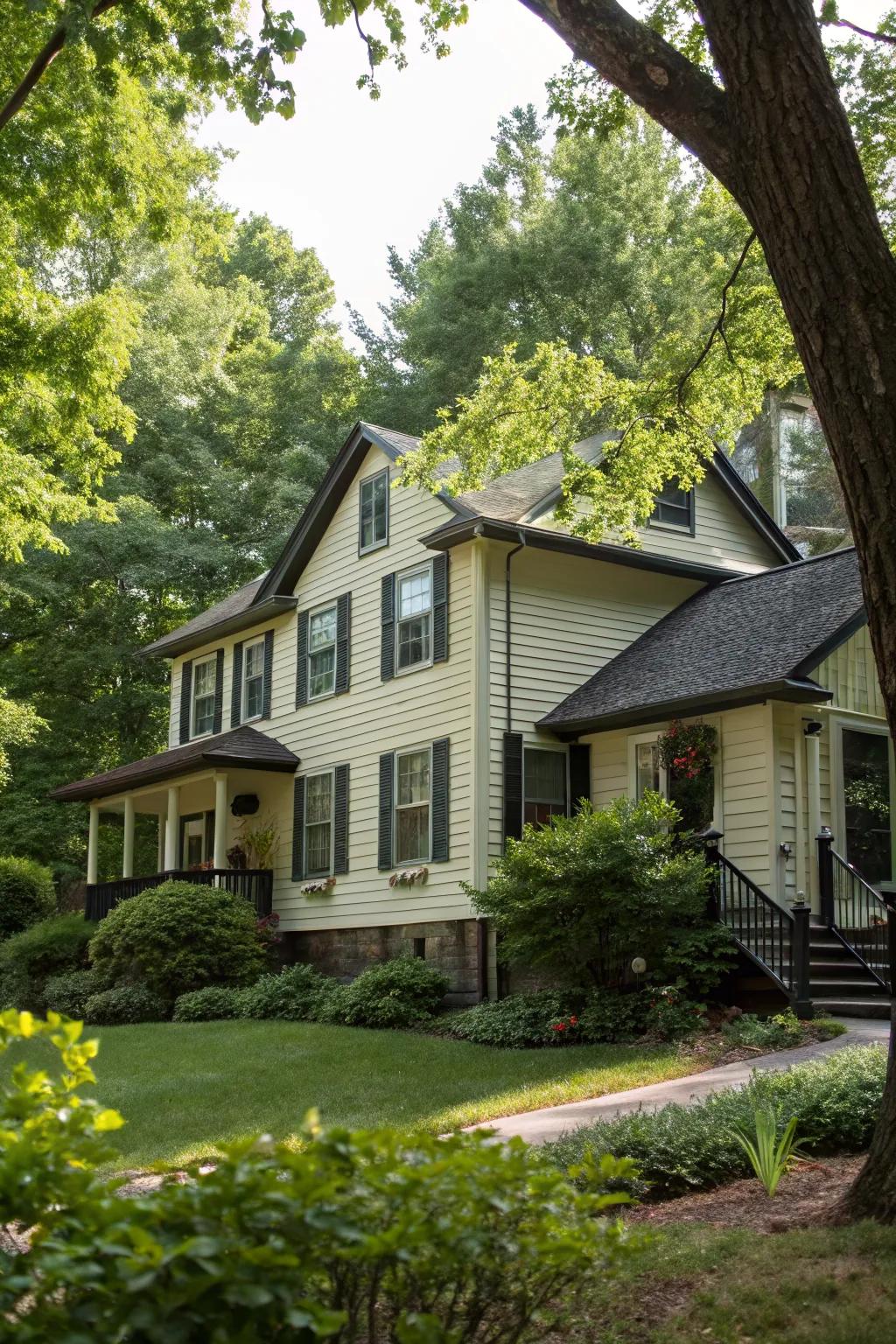 Dark trim provides a bold contrast and highlights architectural features.