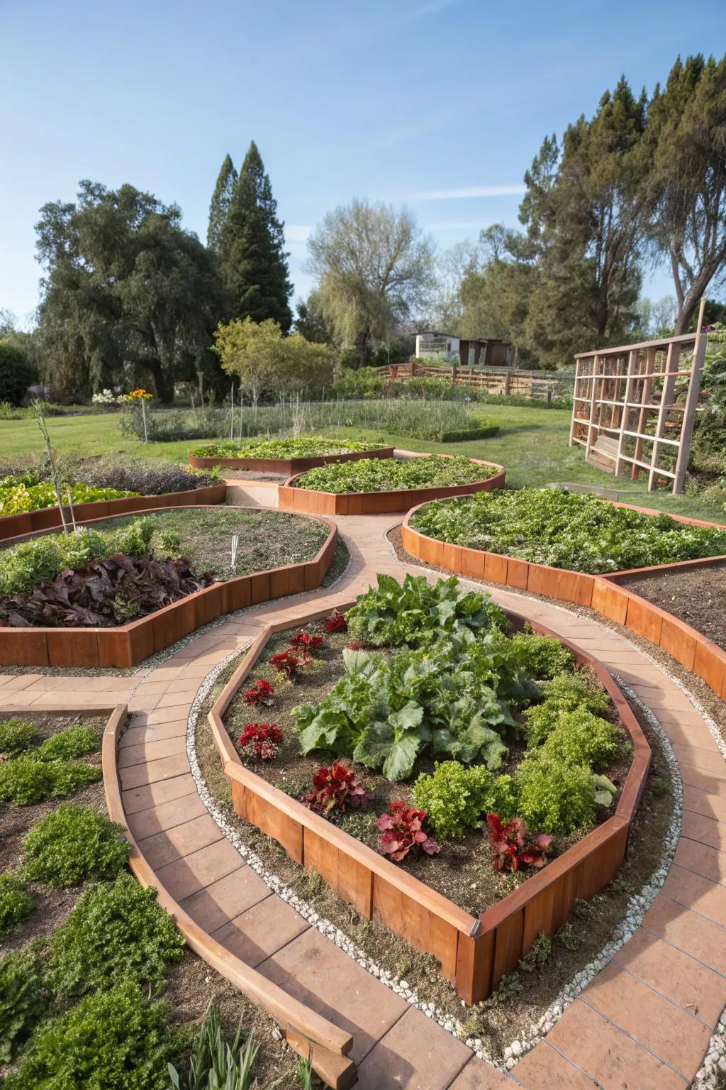 Uniquely shaped raised garden beds adding creativity to the garden layout.