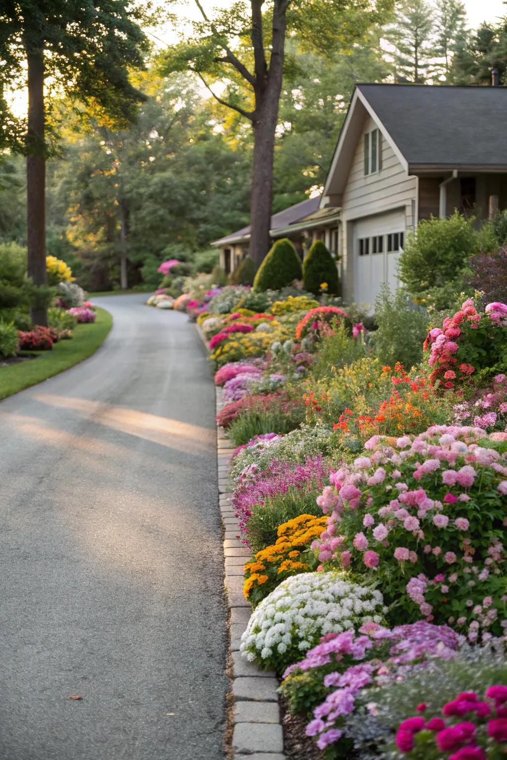 A driveway lined with colorful flowers, offering a vibrant welcome.