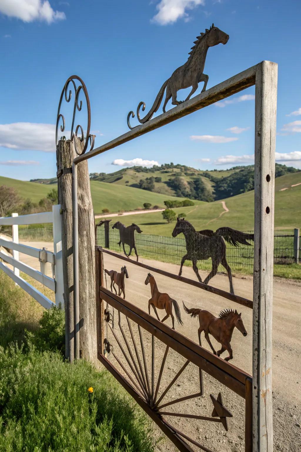 A ranch gate featuring a horse-themed artwork.