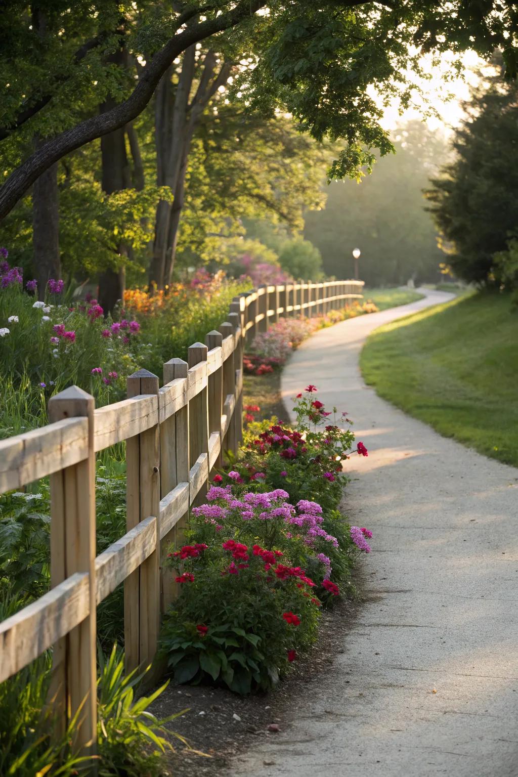 A curved fence adds elegance and flow to the garden.