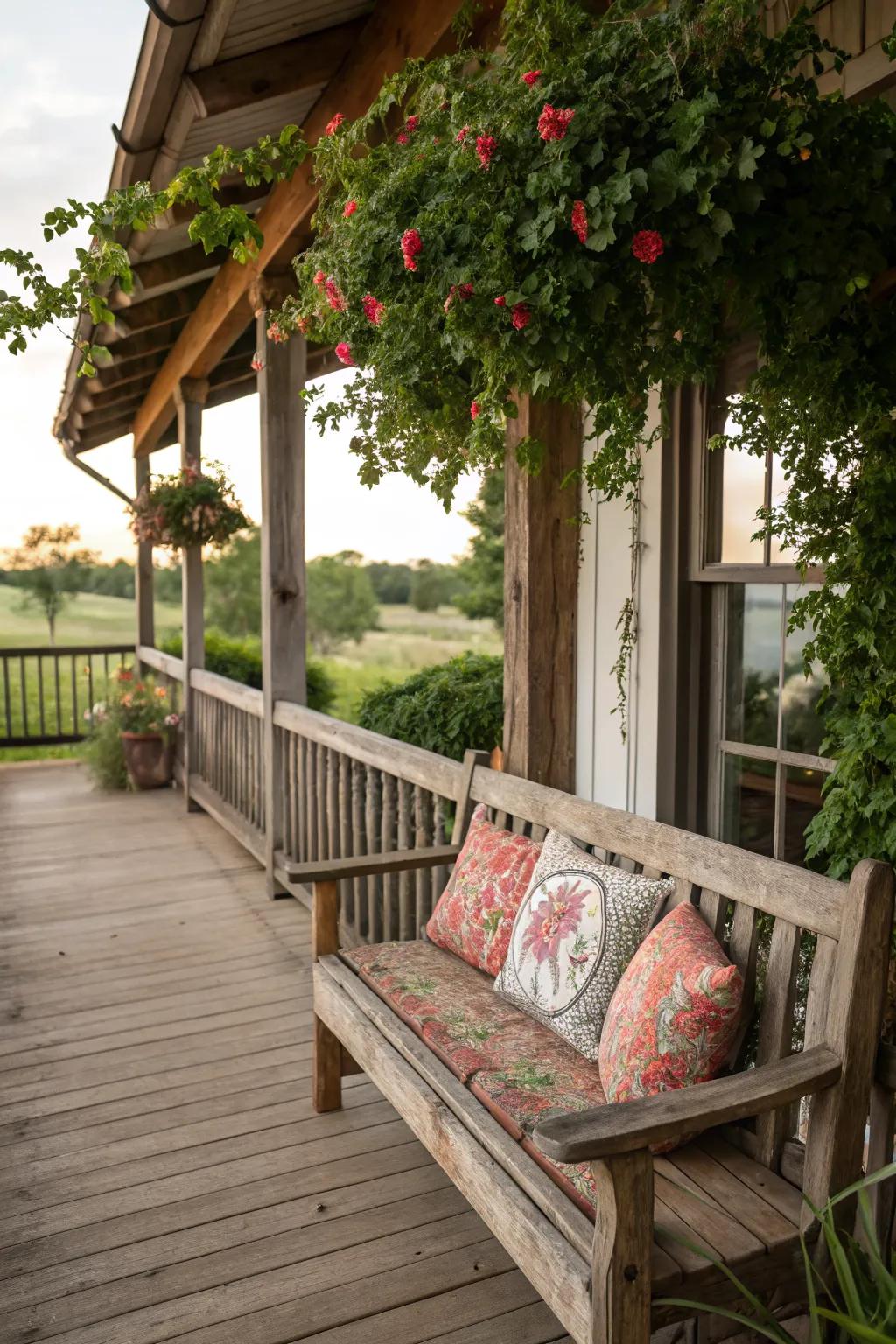 A rustic bench provides both seating and charm to this ranch porch.