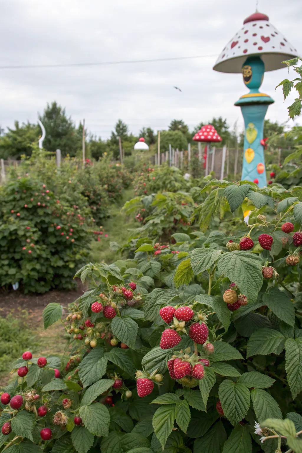 Decorative elements can transform your raspberry patch into a garden centerpiece.
