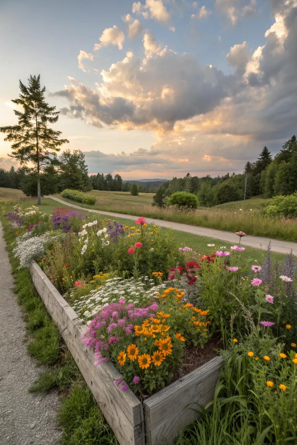 A wildflower-filled rectangular bed, offering a whimsical and natural aesthetic.