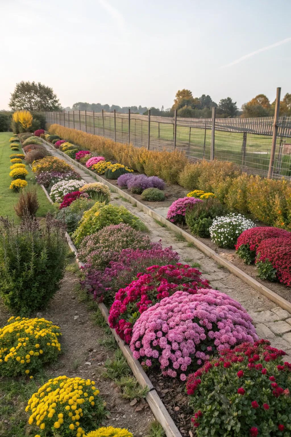 A vibrant mix of flowers adds color to a rectangular garden