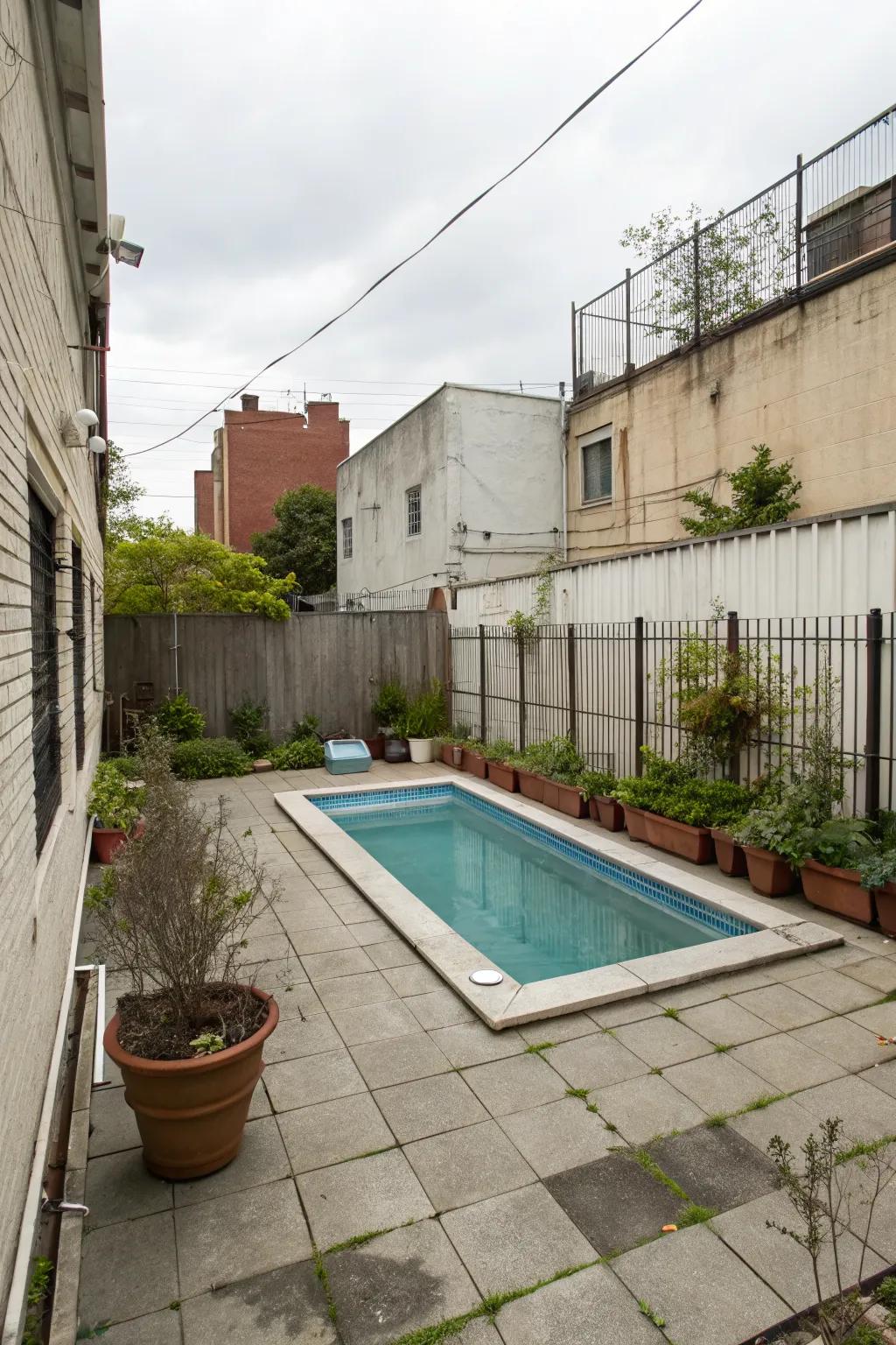 A compact rectangular pool perfectly fitting a small urban backyard