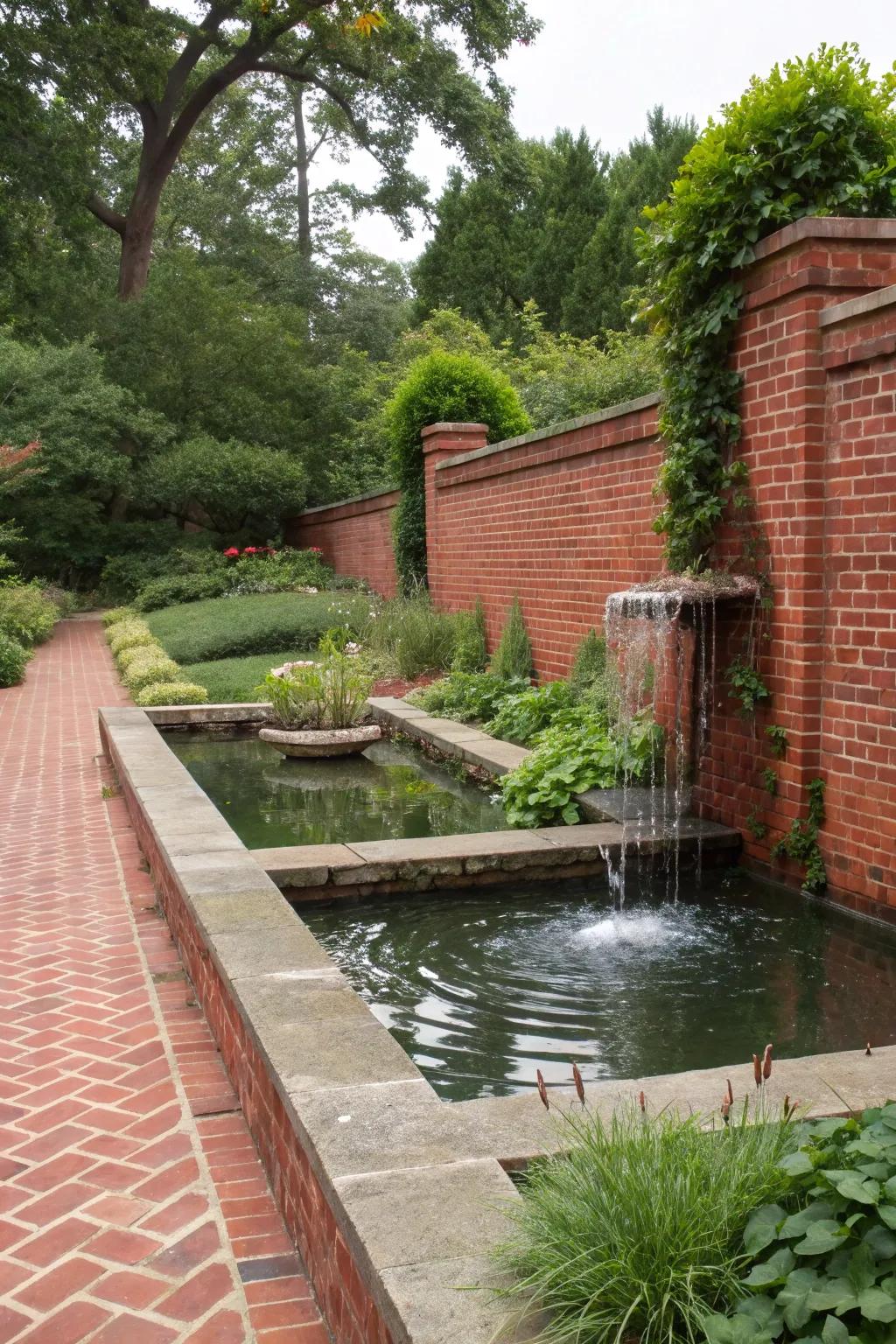 A tranquil water feature with a red brick backdrop.