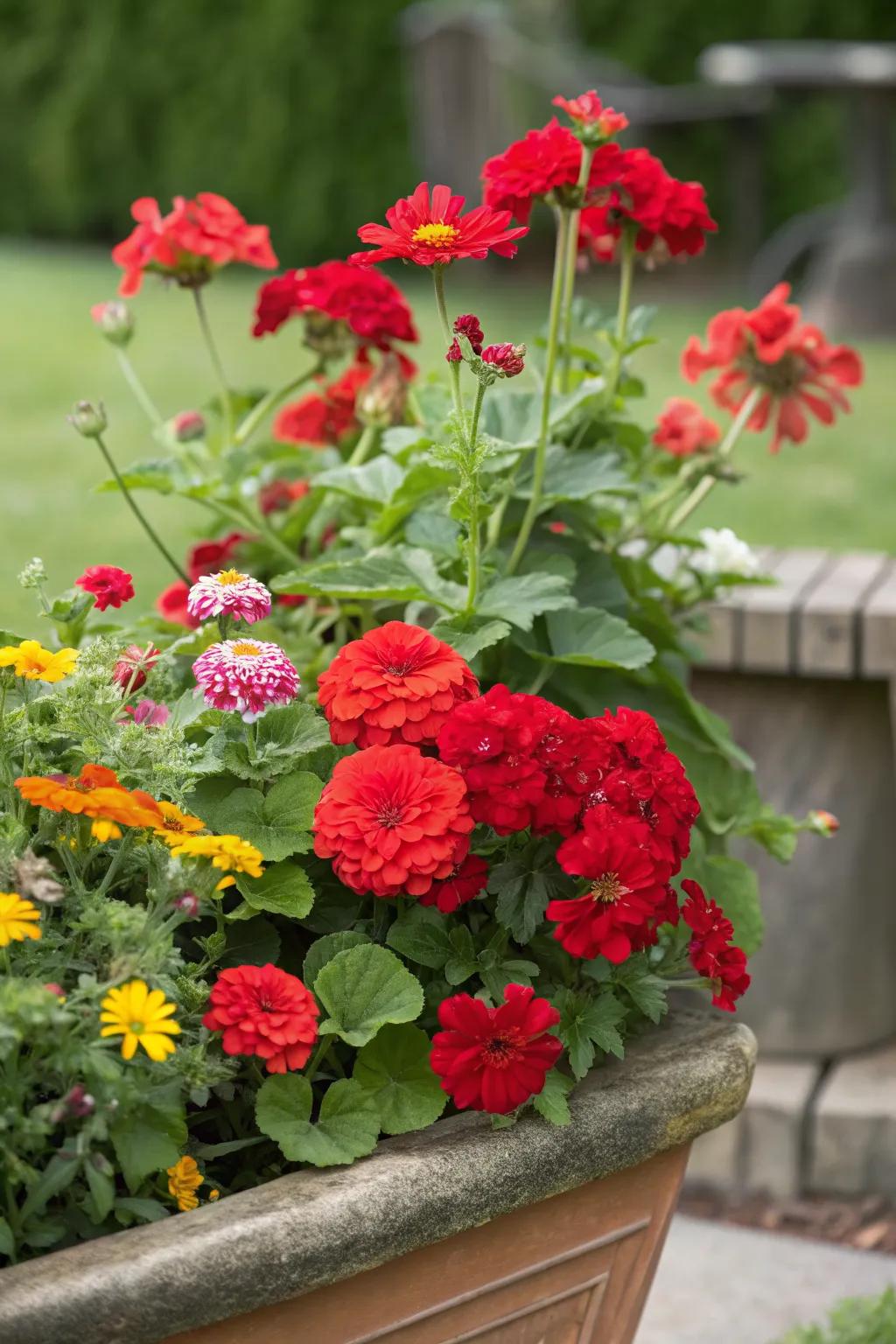 Daisy-like zinnias complement the boldness of vibrant red geraniums.
