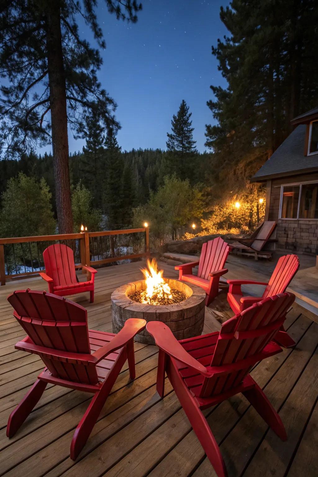 Red Adirondack chairs providing a classic and colorful seating option.