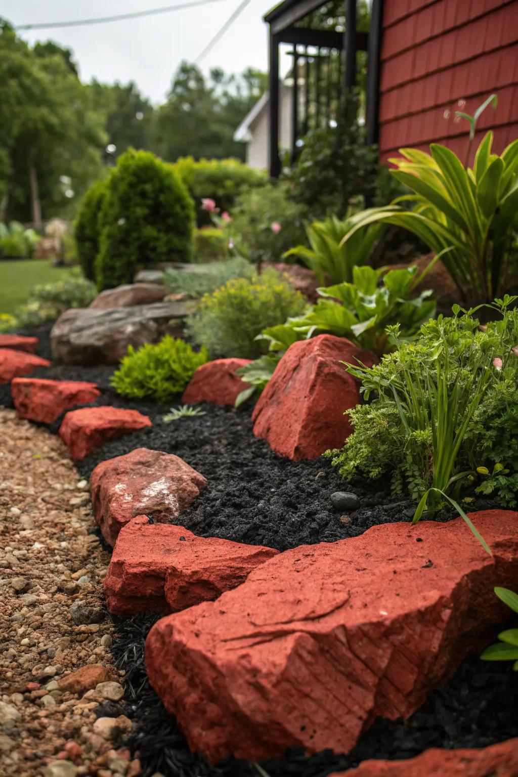 Contrasting mulches enhance the beauty of red rock landscapes.