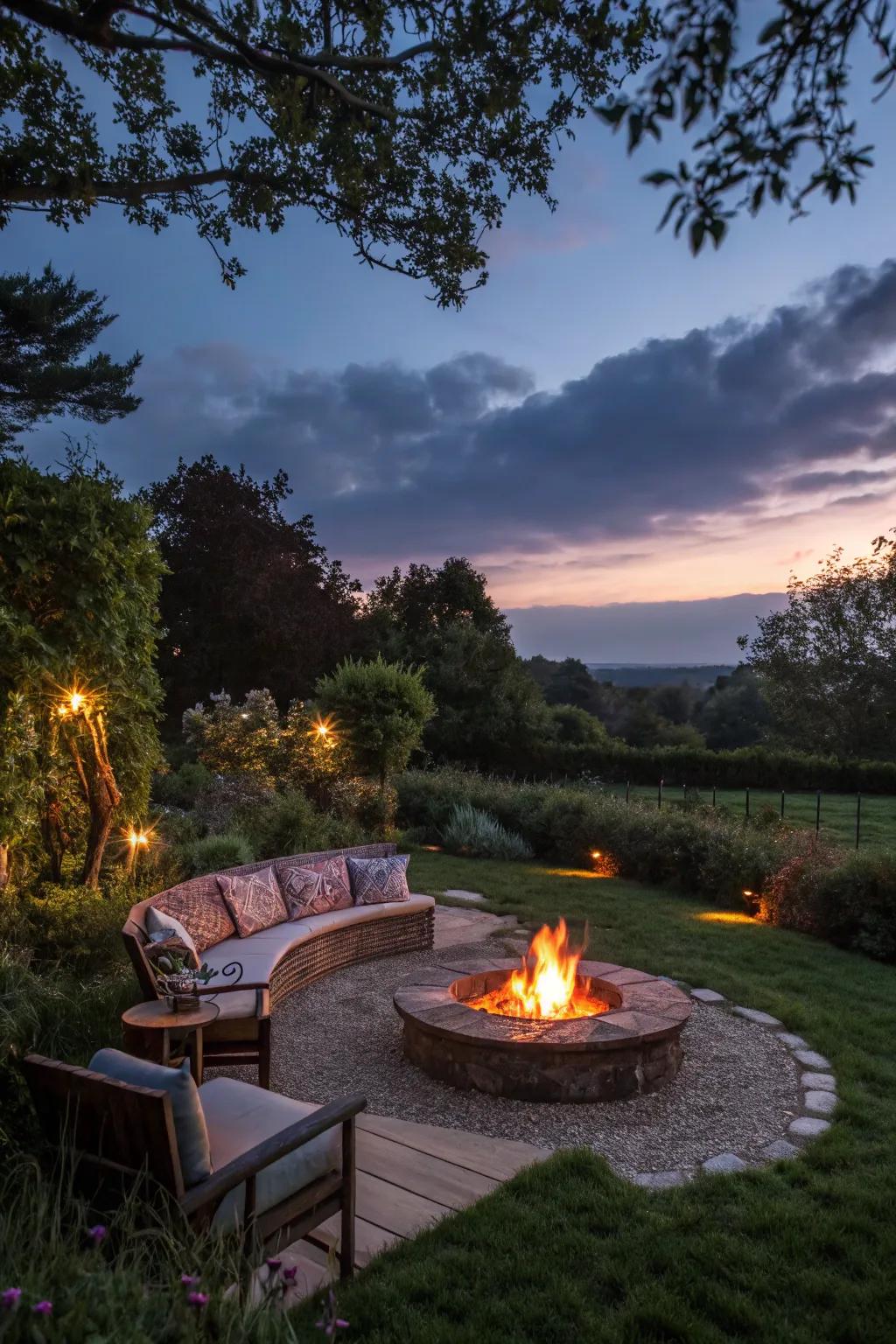 A fire pit adds warmth and a cozy atmosphere.