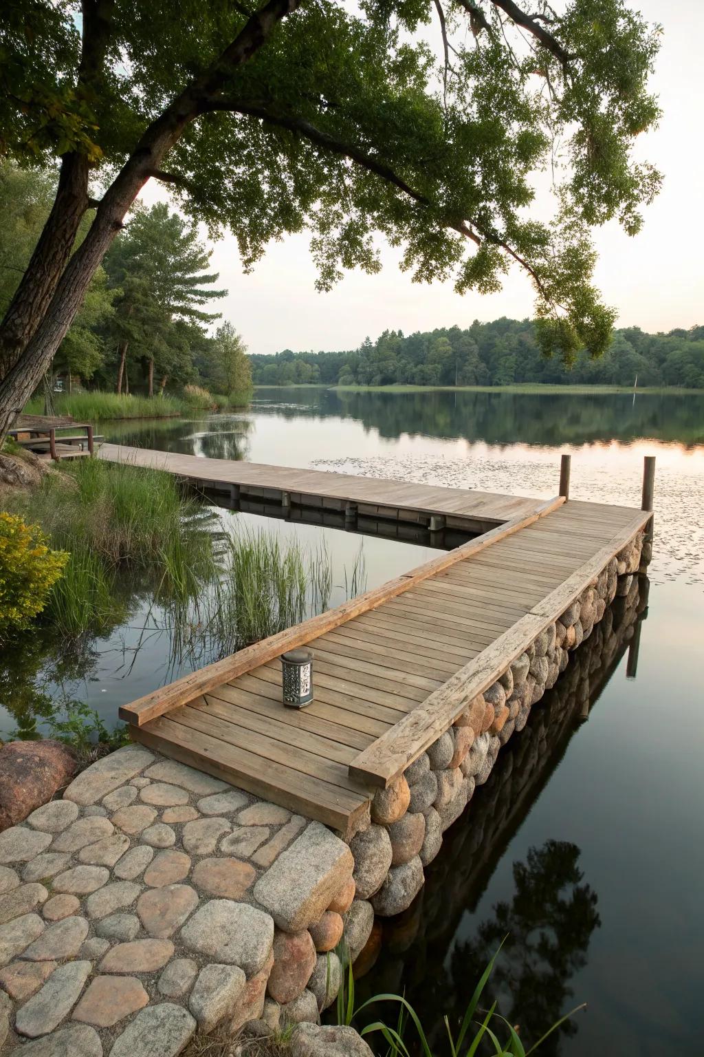 A dock that naturally integrates into the residential lake setting.