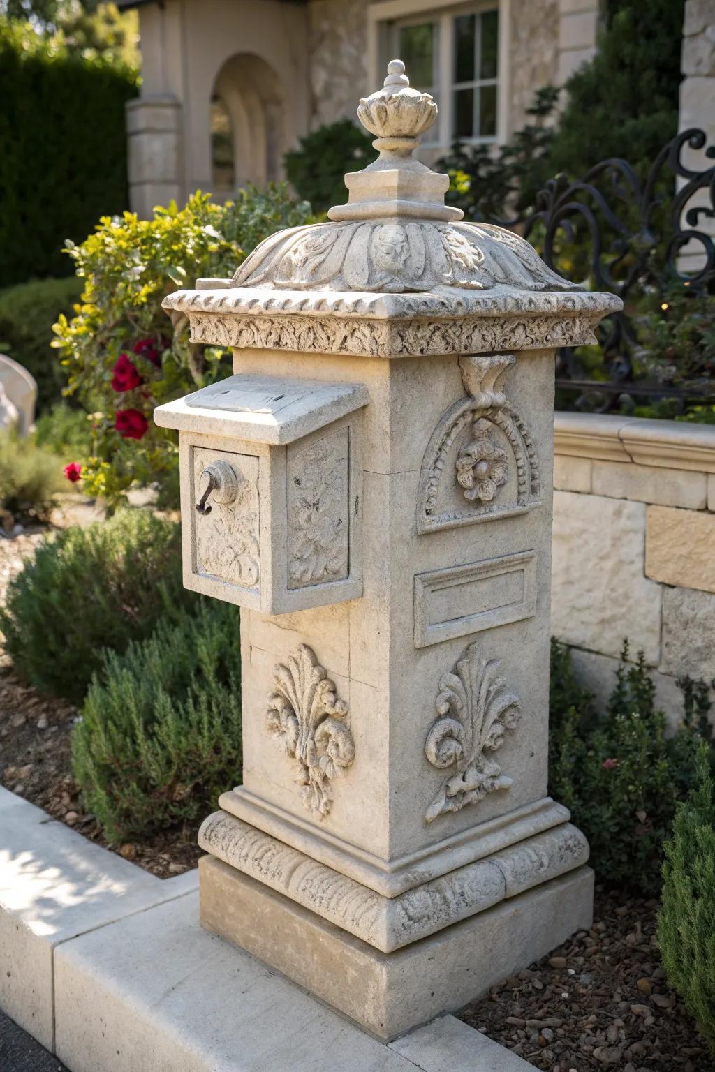 Sculptural elements transform this stone mailbox into a piece of art.