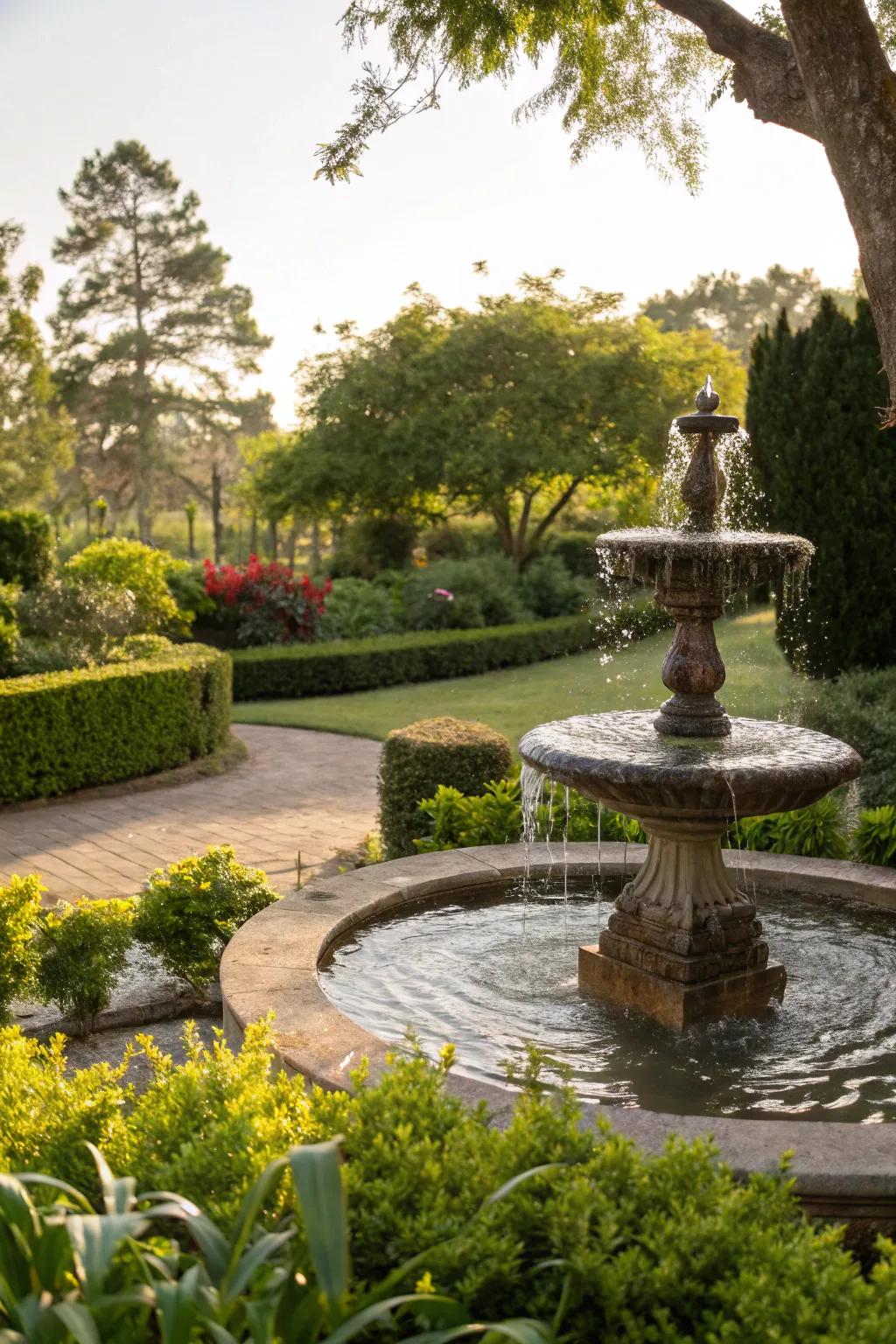 A water feature adds tranquility and natural beauty.