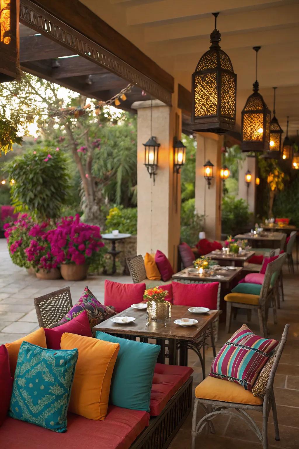 Decorative accents add personality and charm to outdoor dining spaces.