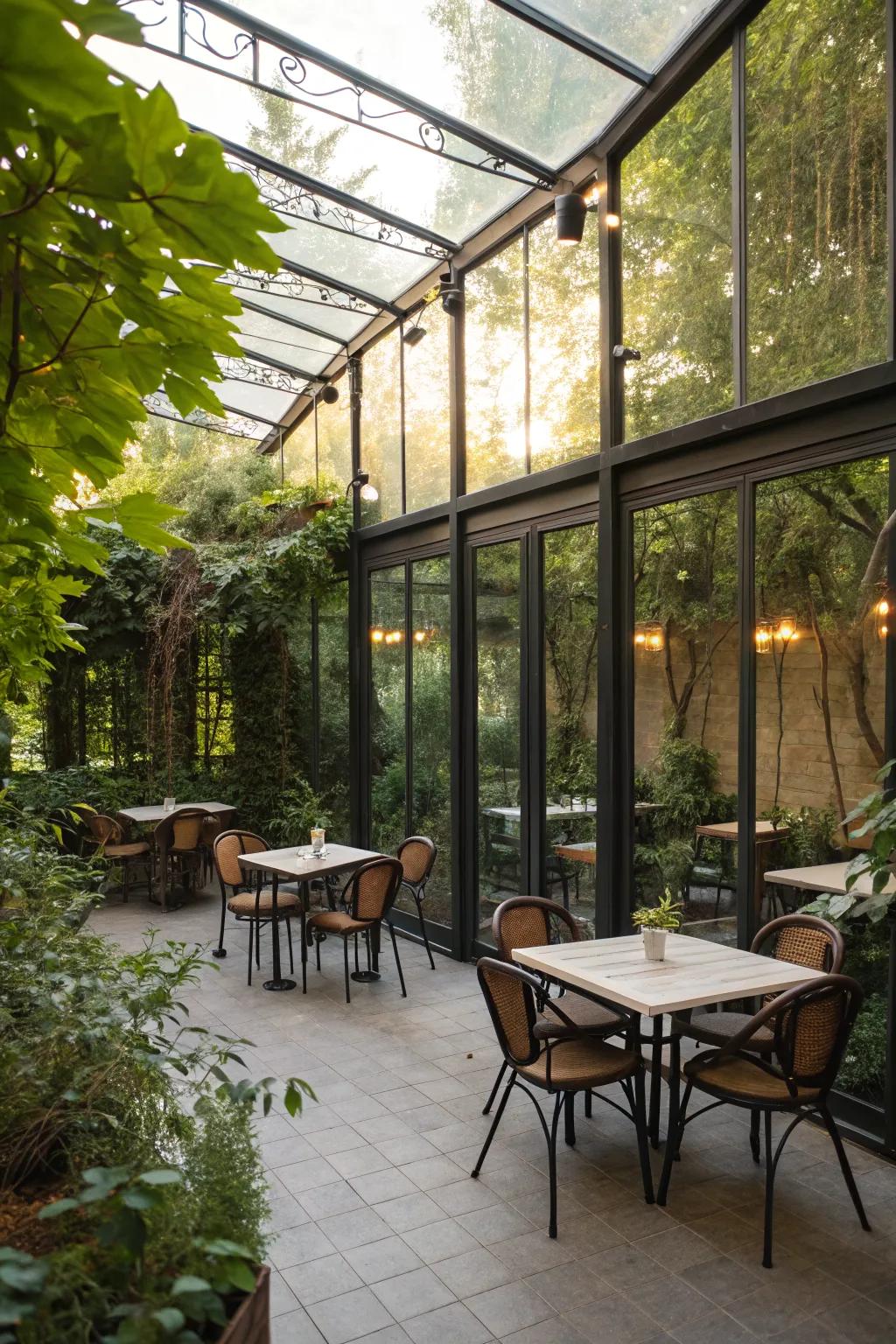A cozy enclosed patio with glass walls and lush plants.