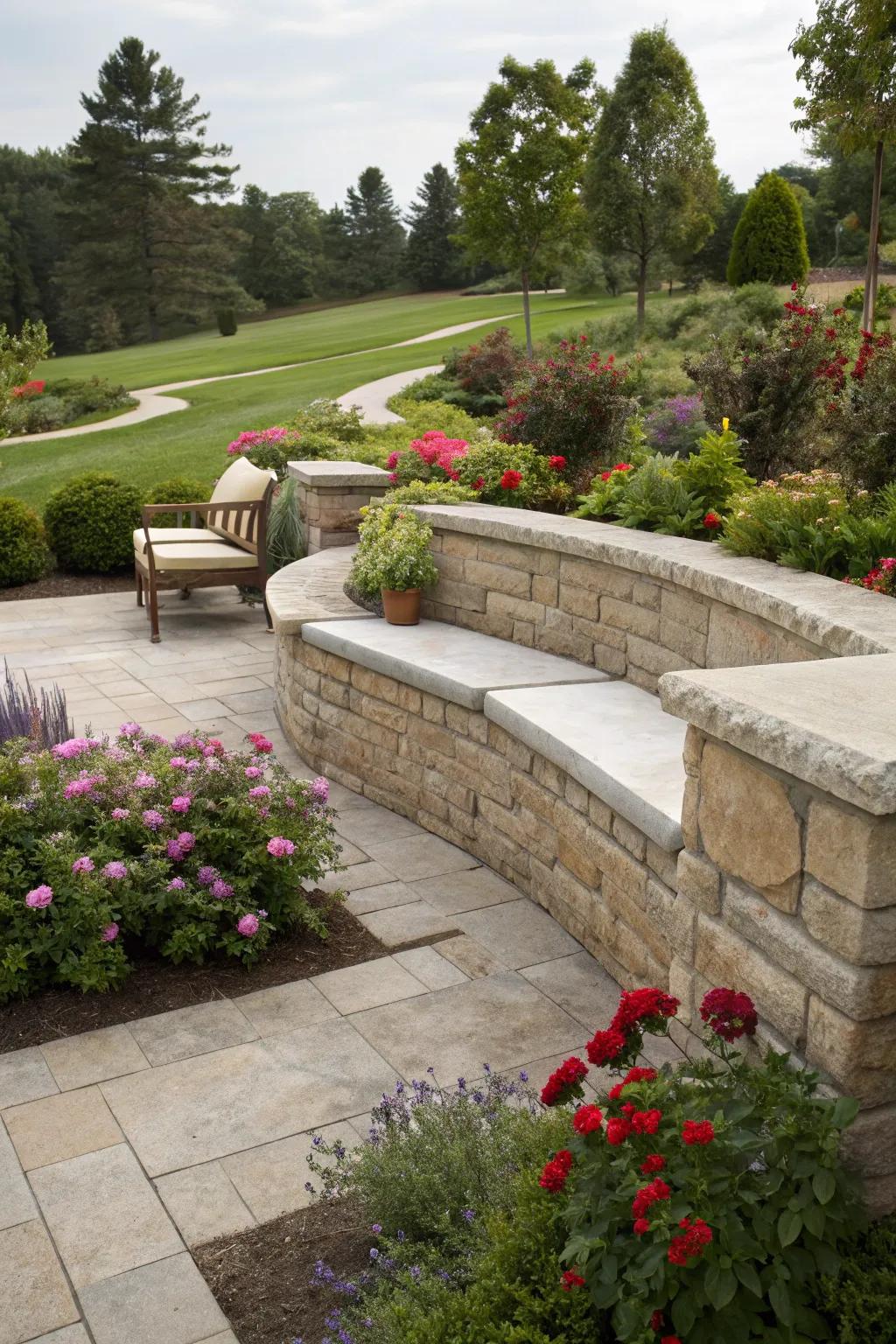 Seating areas add function and relaxation to retaining walls.