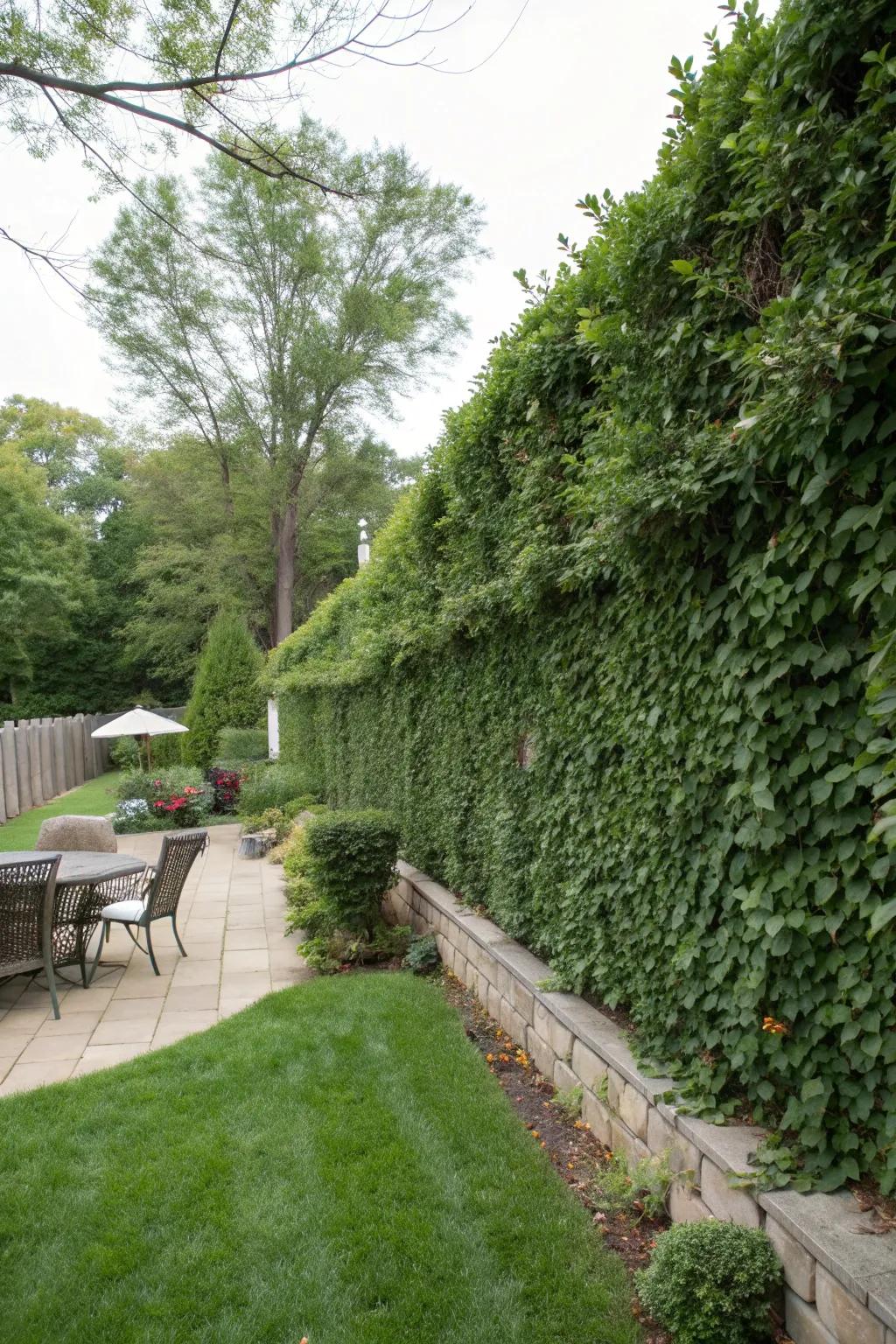 A tall retaining wall with lush greenery, creating a private backyard retreat.