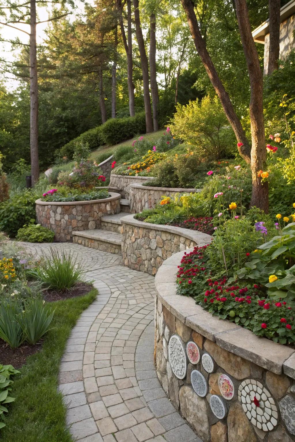 Mosaic stone caps turn walls into artistic masterpieces.