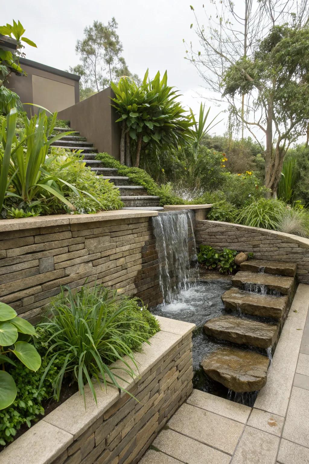 Water features add tranquility.