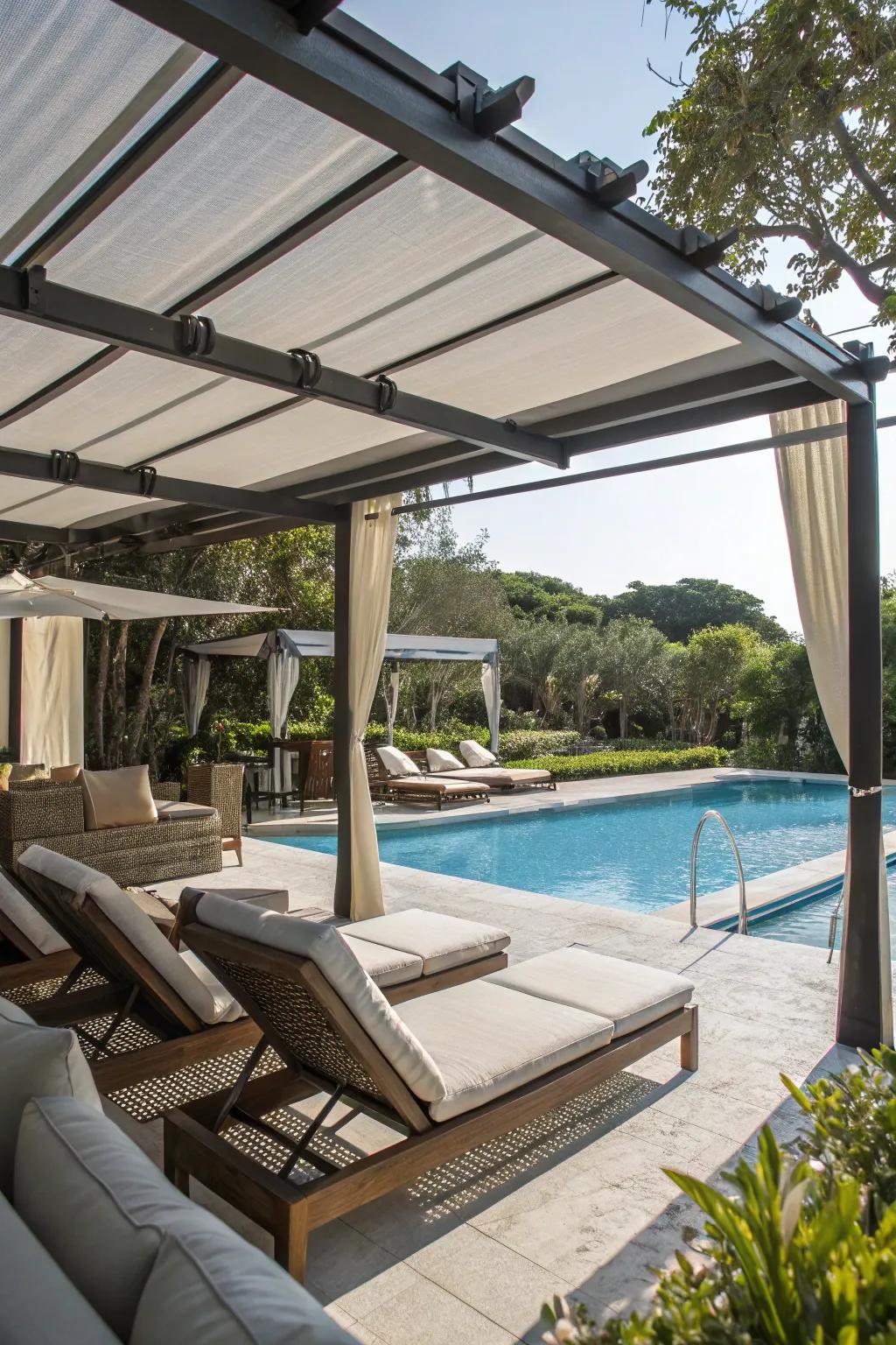 A poolside lounge with retractable shade for ultimate relaxation.