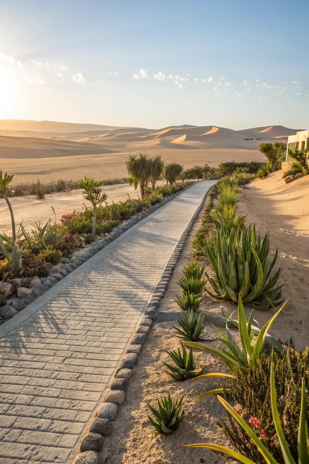 A low-maintenance succulent ribbon driveway with a sandy center, perfect for sunny locales.