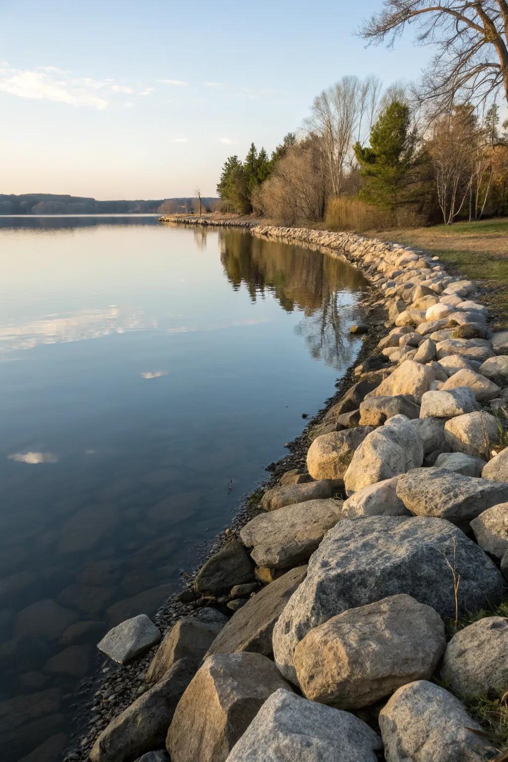 Riprap stones creating a natural border along a serene lake.