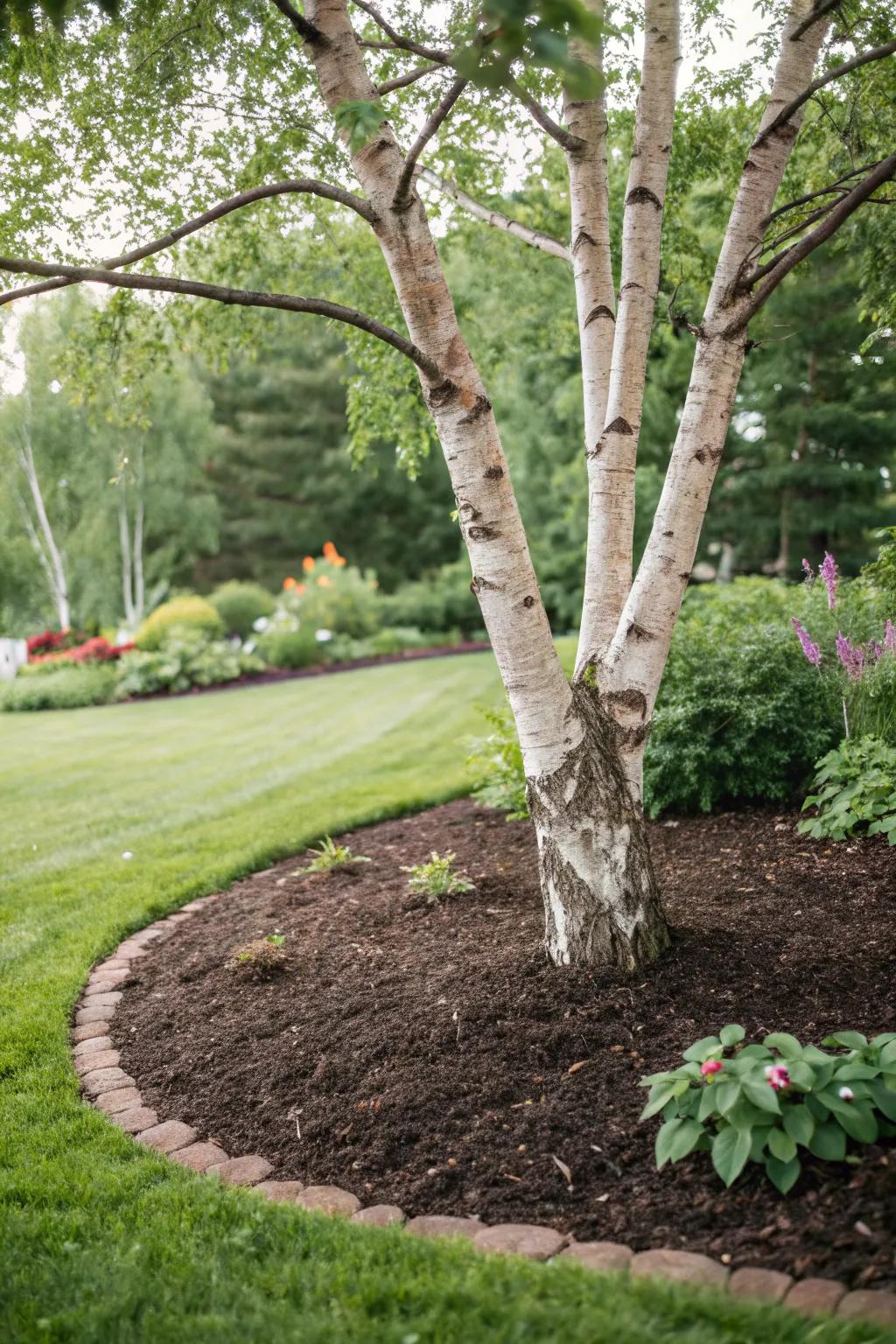 Mulch for a healthy and neat river birch base.