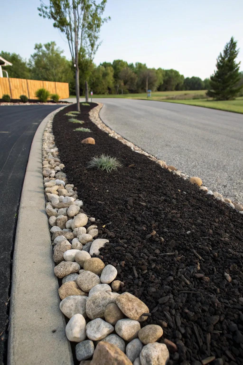 Striking contrast between river rocks and dark mulch.