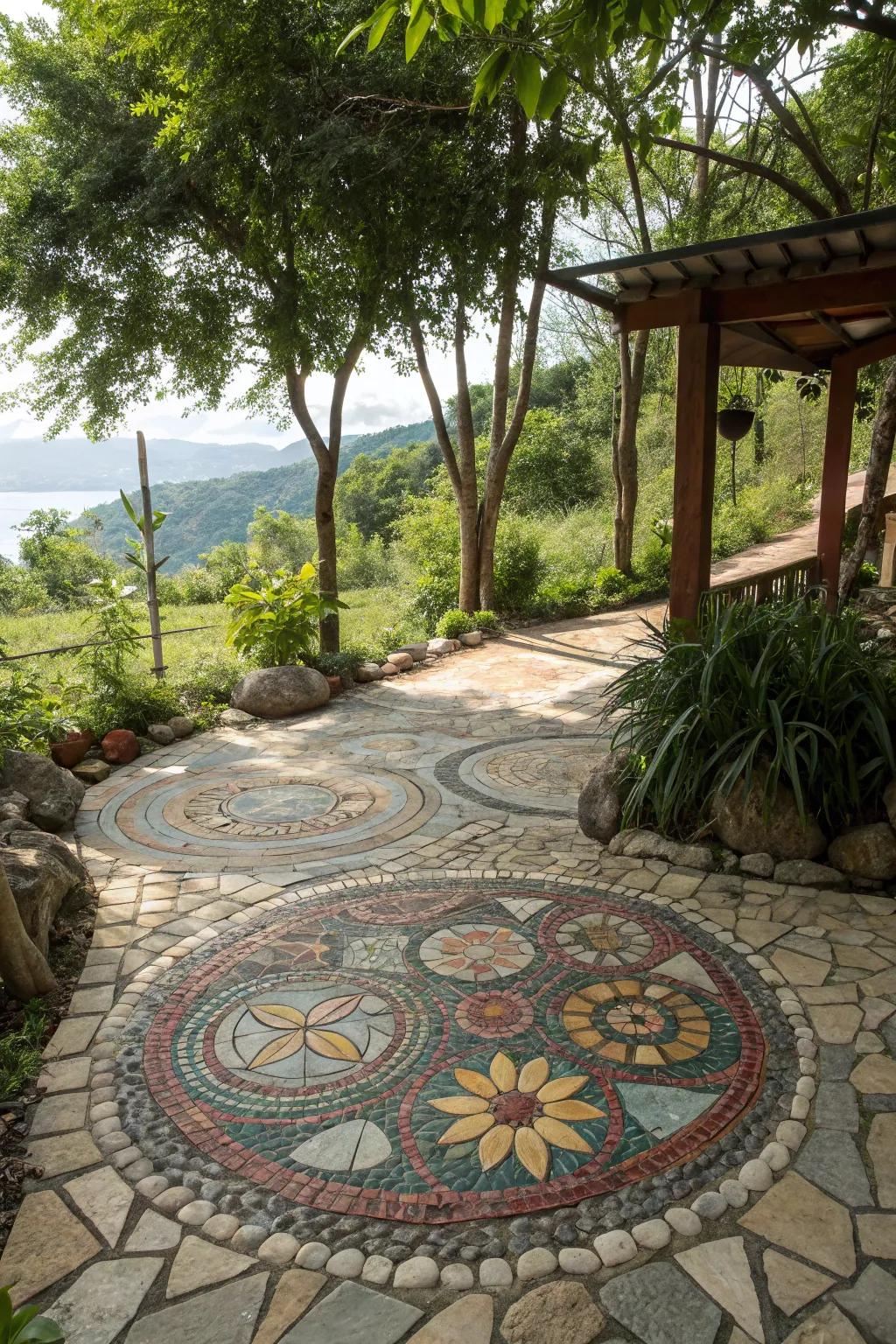 River rock mosaics turn your patio into a work of art.
