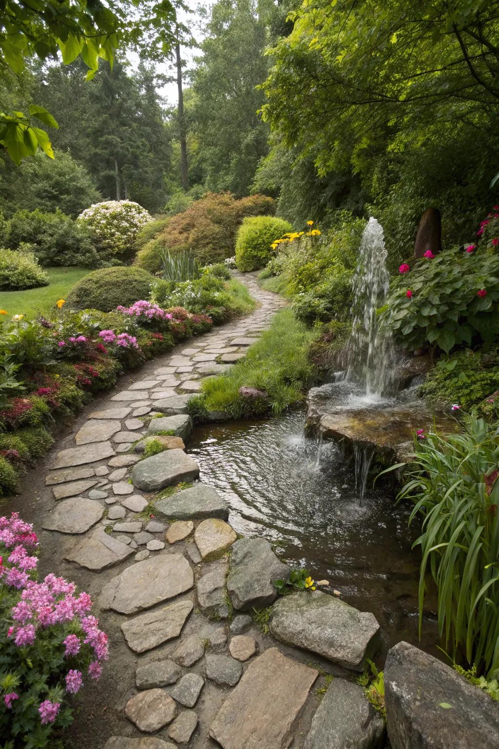 A calming water feature complements the walkway.