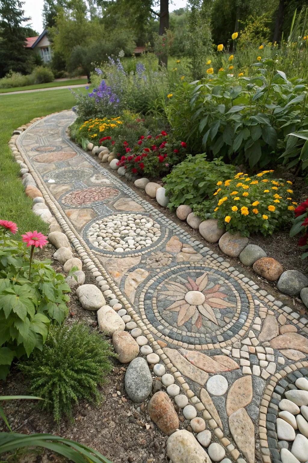 Creative rock mosaic edging in the garden
