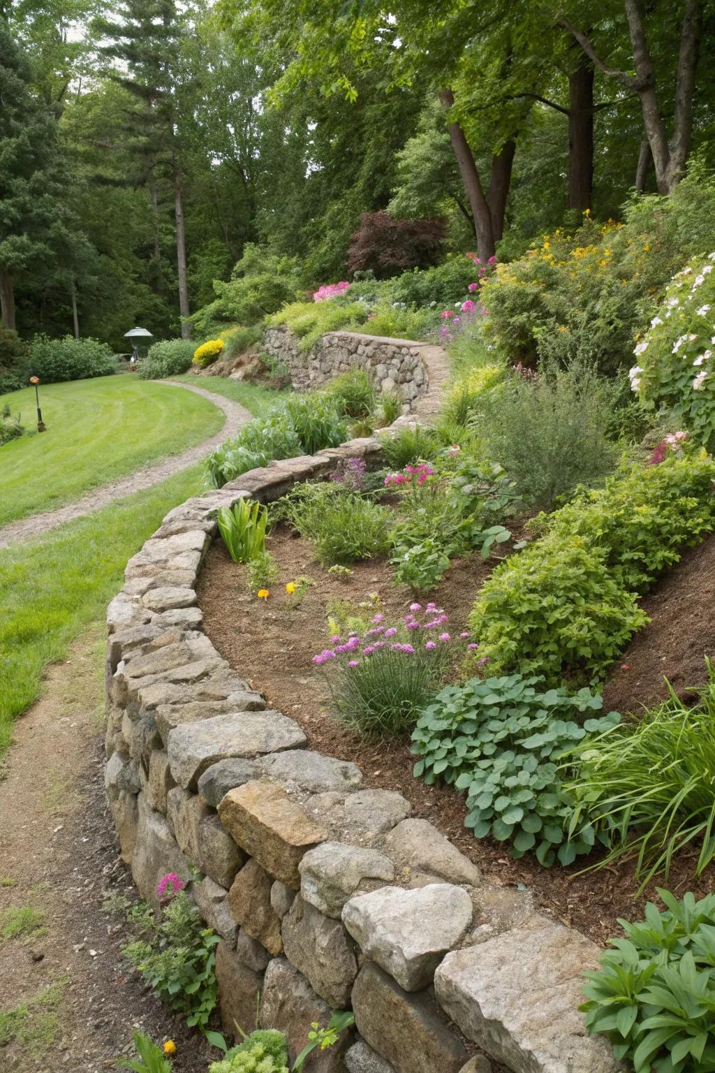 A naturally curved rock fence that flows with the landscape.
